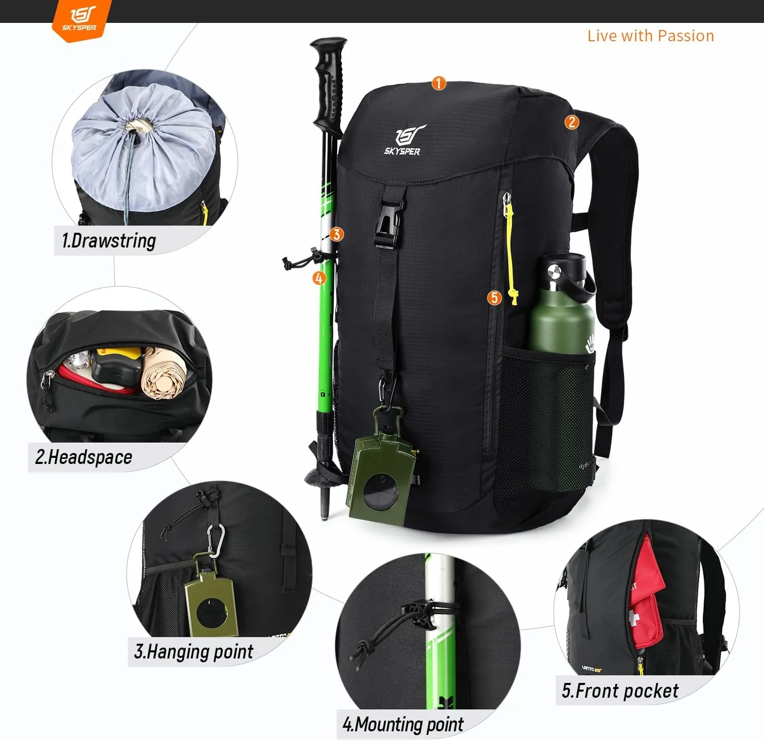 SKYSPER Hiking Backpack Small, 25L Lightweight Travel Daypack Breathable Backpacking Backpacks for Men Women
