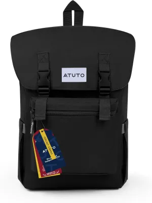 Slim Vintage Backpack for Men and Women, Flap Backpack for Laptop till 16.5", Extra Padding, Durable Fabric (Black)