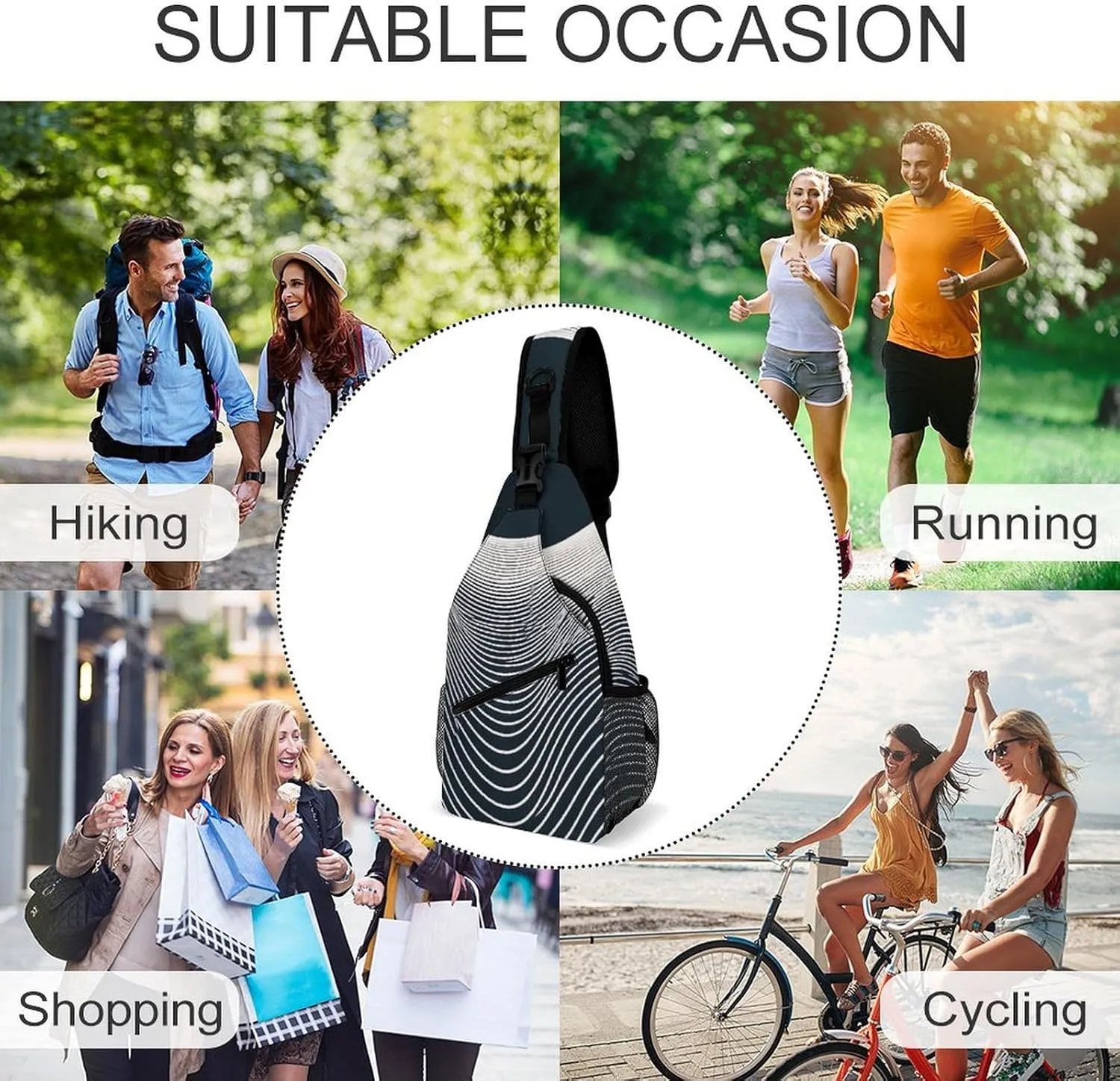 Sling Backpack Crossbody for Man Woman Curved Wavy Lines Cross Body Adjustable Chest Bag