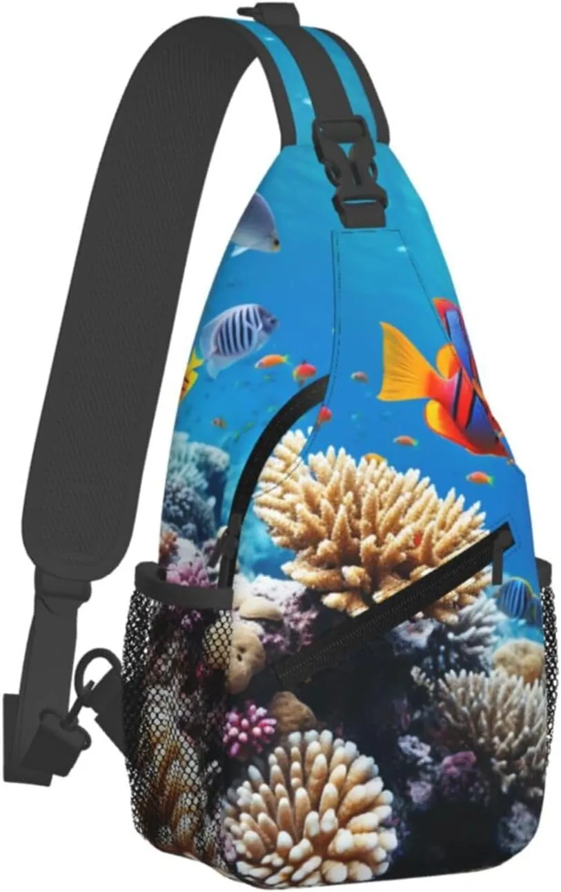 Sling Bag for Women Men Crossbody Bag Sling Backpack Ocean Tropical Fish Coral Cross Body Bag Adjustable Chest Bag