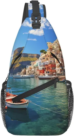 Sling Bag for Women Men Crossbody Bag Sling Backpack Seaside Town Cross Body Bag Adjustable Chest Bag