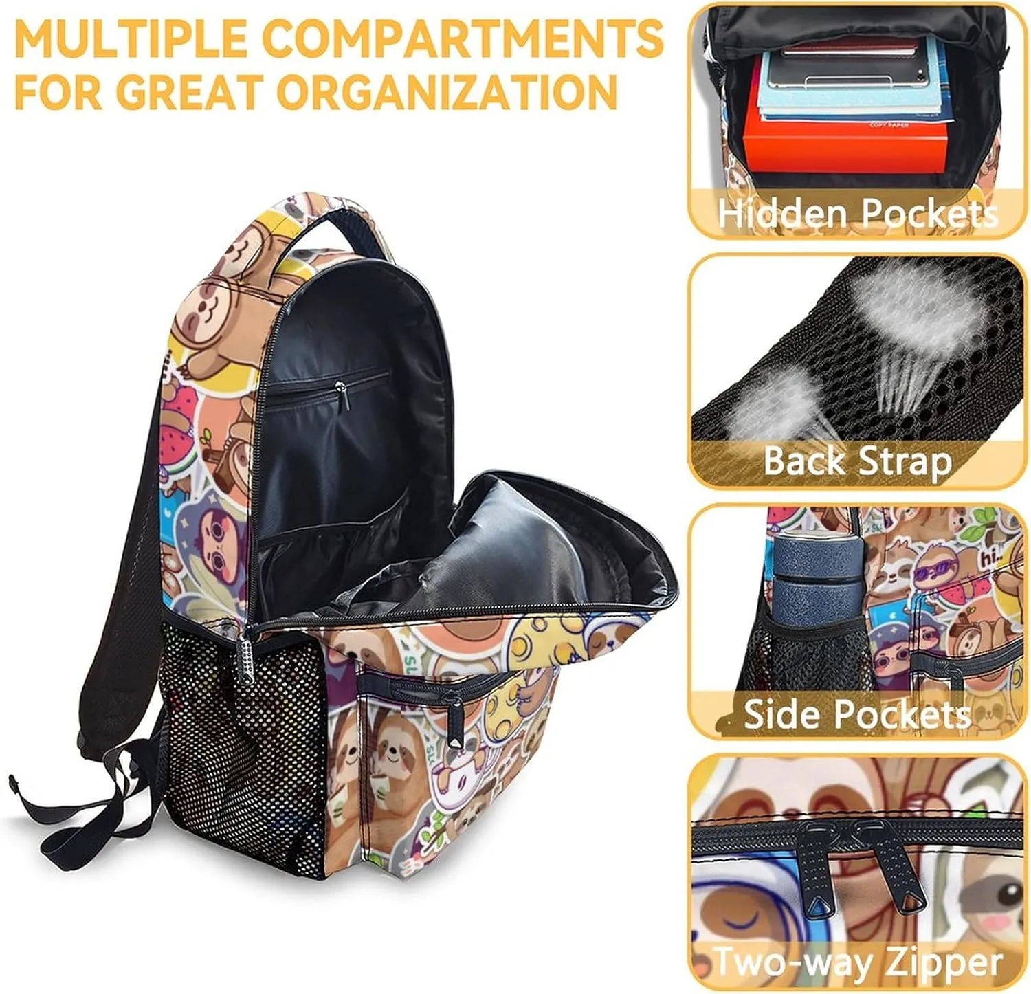 Sloth Backpack for Girls & Boys, 16 Inch Sloths Print Backpacks for School, Cute Lightweight Bookbag for Kids