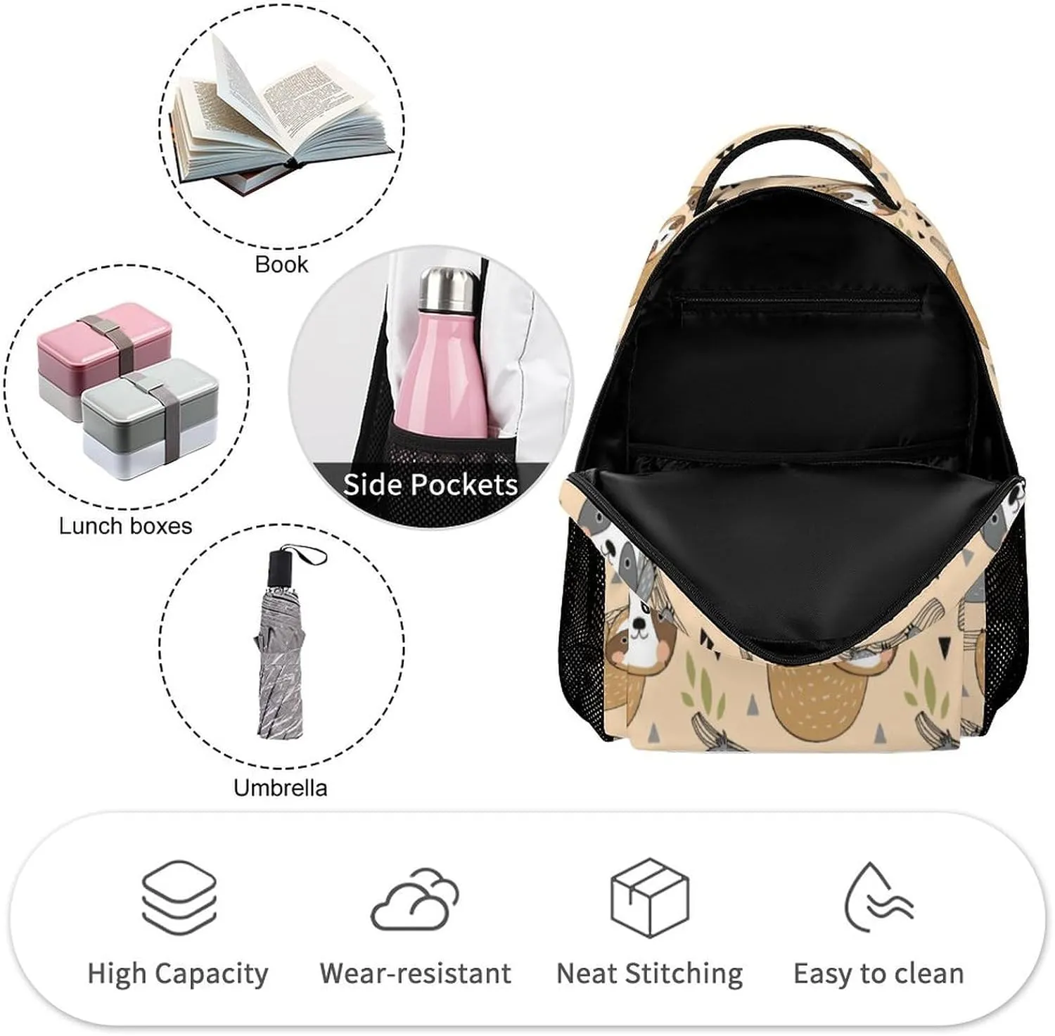 Sloth Backpack for Kids Girls Boys School, 16 Inches Cute Sloths Theme Bookbag, Adjustable, Lightweight, Large Capacity, Colorful Daily Casual Backpacks