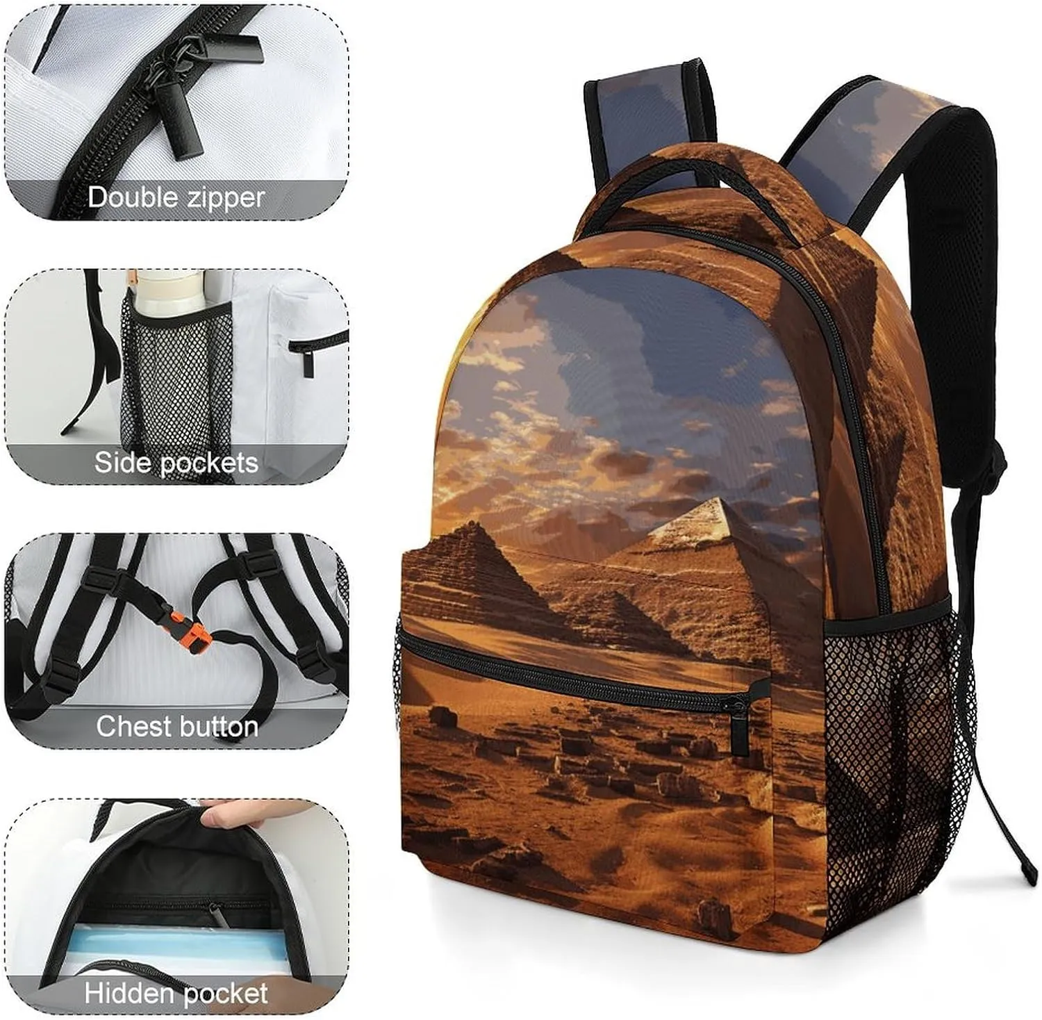 Small Backpacks Personalized Egyptian Pyramids Printing Travel Bag Lightweight Travel Backpack For Women Men