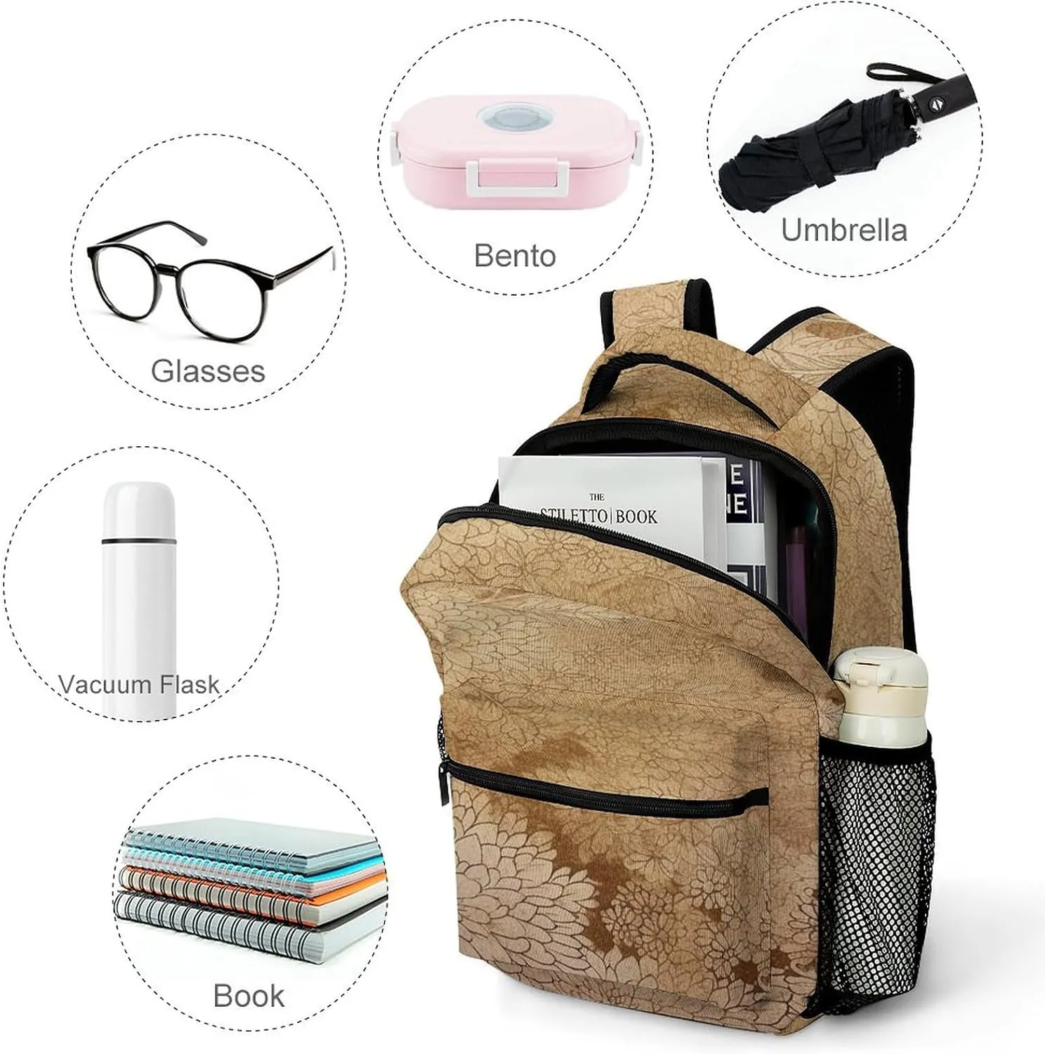 Small Backpacks Personalized Golden Floral Design Printing Travel Bag Lightweight Travel Backpack For Women Men