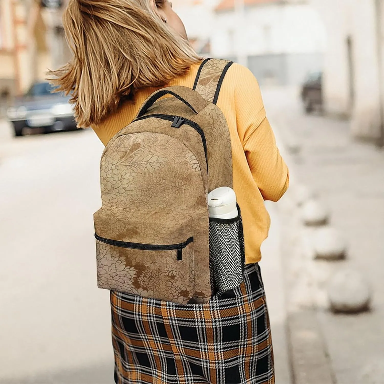 Small Backpacks Personalized Golden Floral Design Printing Travel Bag Lightweight Travel Backpack For Women Men