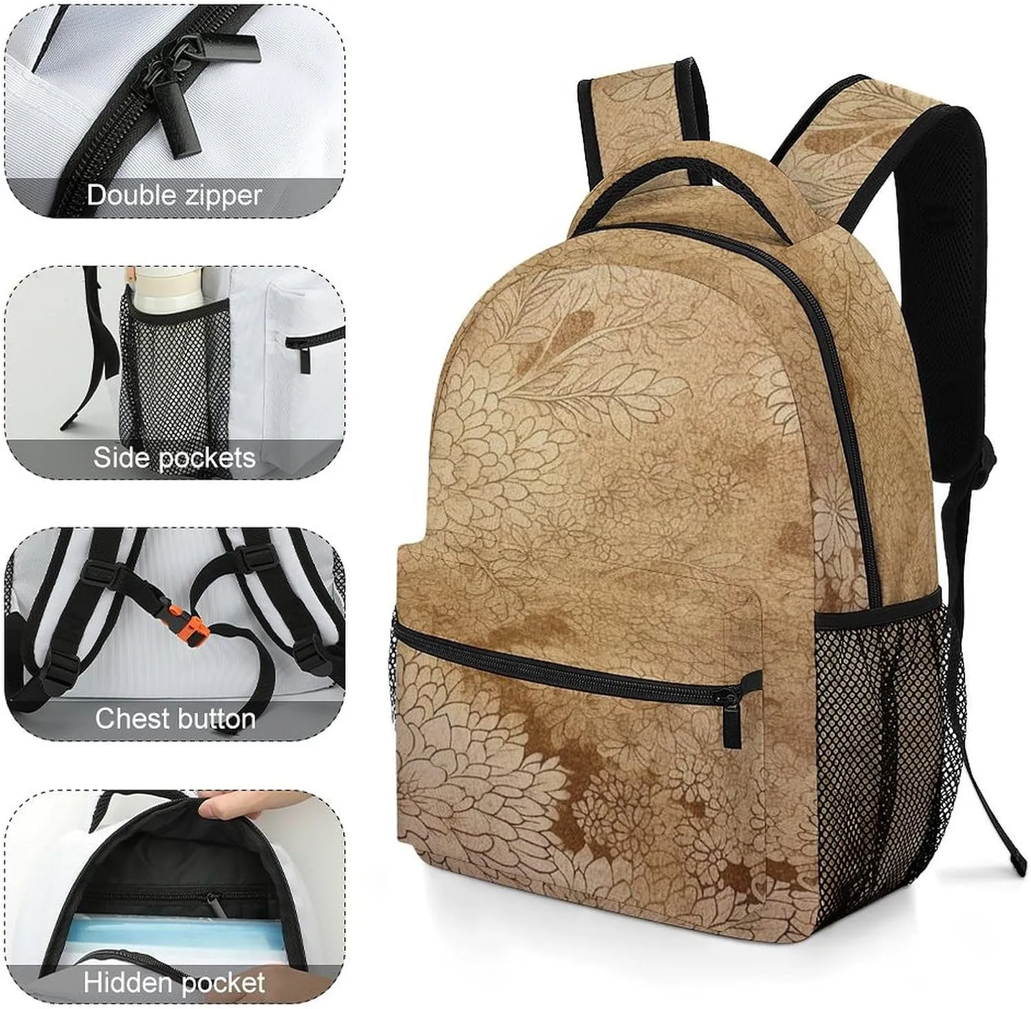 Small Backpacks Personalized Golden Floral Design Printing Travel Bag Lightweight Travel Backpack For Women Men