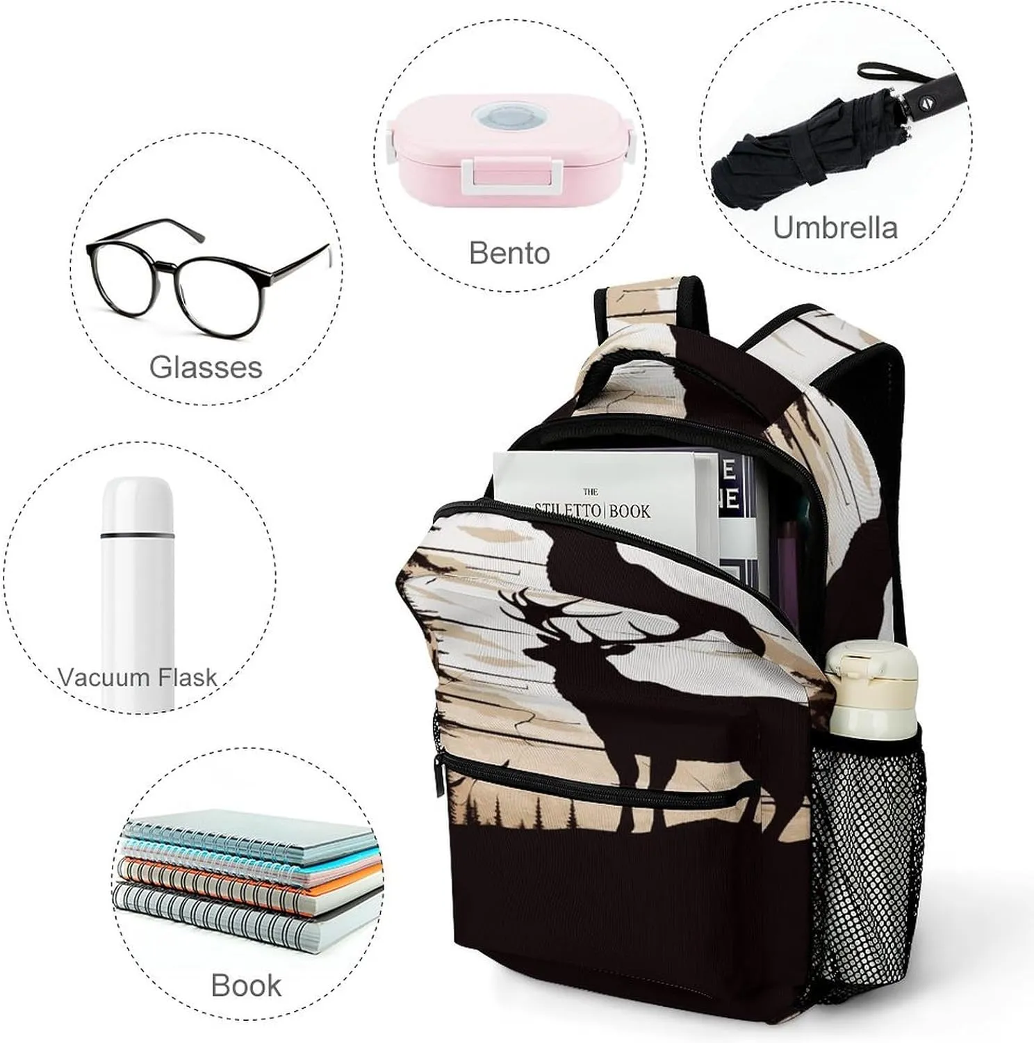 Small Backpacks Personalized Wild Elk Silhouette Printing Travel Bag Lightweight Travel Backpack For Women Men