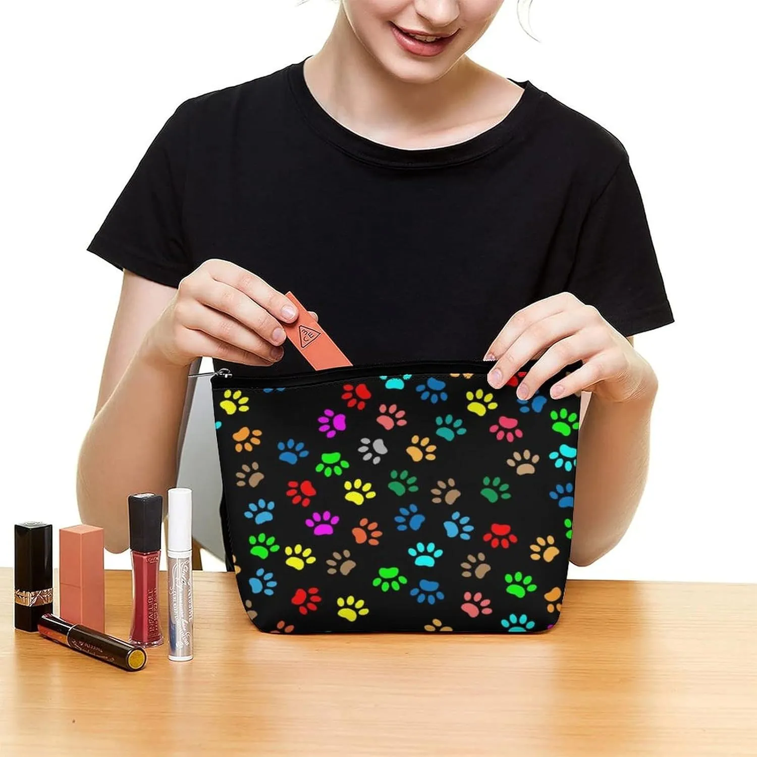 Small Makeup Bag Lightweight Personalized Cosmetic Bag Pouch Waterproof Zipper Travel Portable Storage Bag (Black Colorful Paw Prints Art)