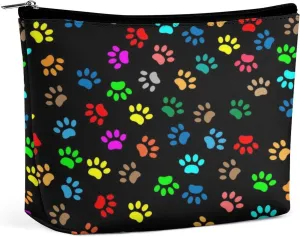 Small Makeup Bag Lightweight Personalized Cosmetic Bag Pouch Waterproof Zipper Travel Portable Storage Bag (Black Colorful Paw Prints Art)