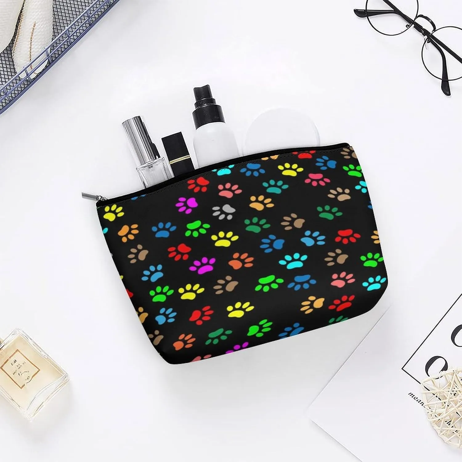 Small Makeup Bag Lightweight Personalized Cosmetic Bag Pouch Waterproof Zipper Travel Portable Storage Bag (Black Colorful Paw Prints Art)