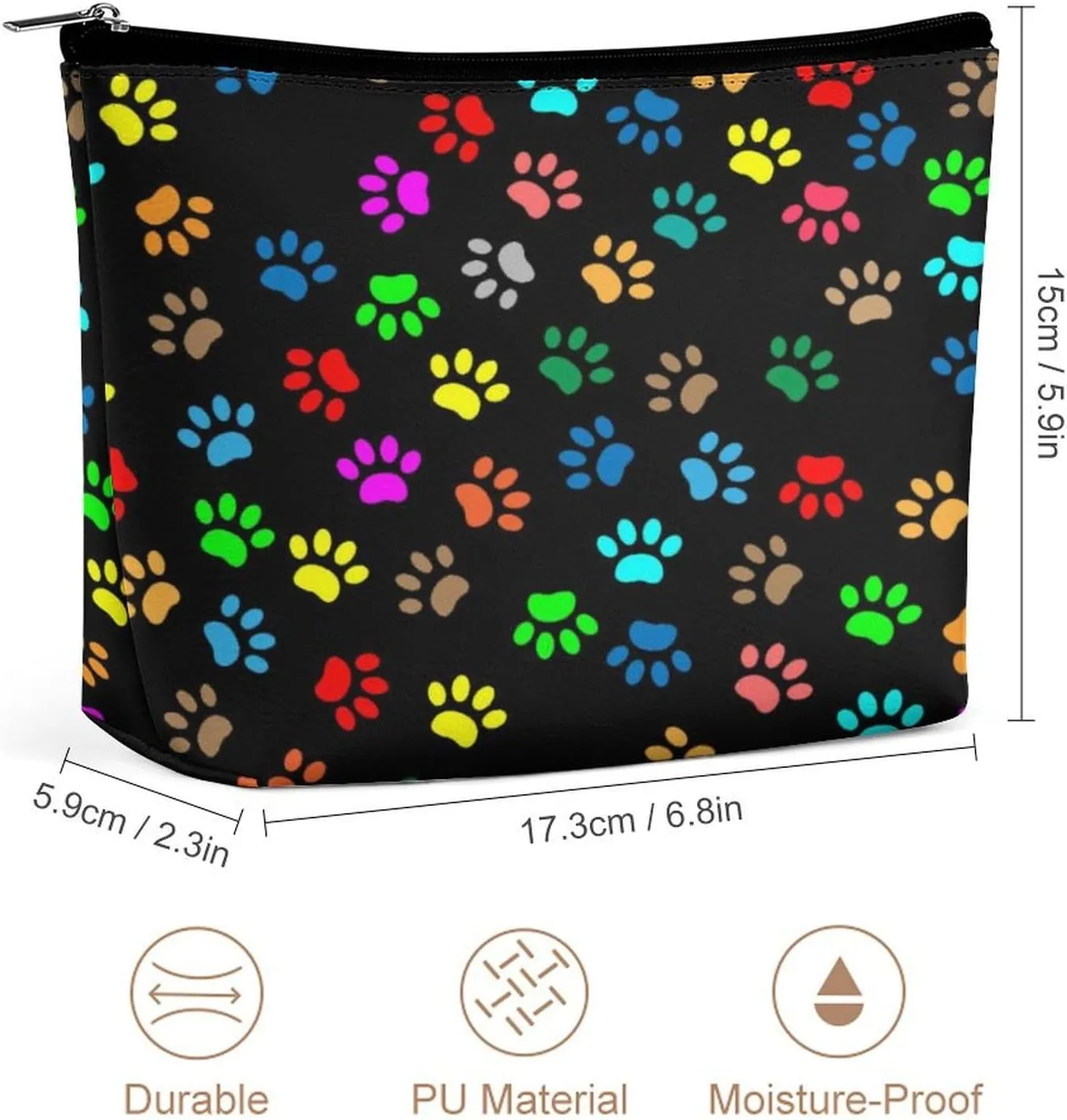 Small Makeup Bag Lightweight Personalized Cosmetic Bag Pouch Waterproof Zipper Travel Portable Storage Bag (Black Colorful Paw Prints Art)