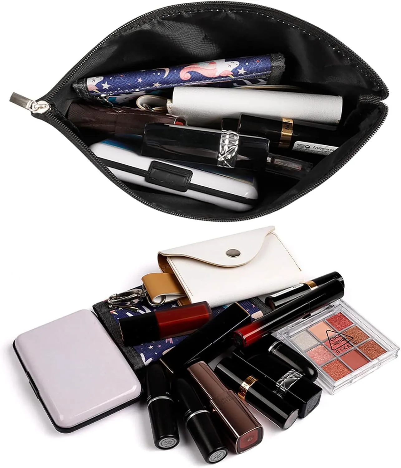 Small Makeup Bag Lightweight Personalized Cosmetic Bag Pouch Waterproof Zipper Travel Portable Storage Bag (Black Colorful Paw Prints Art)