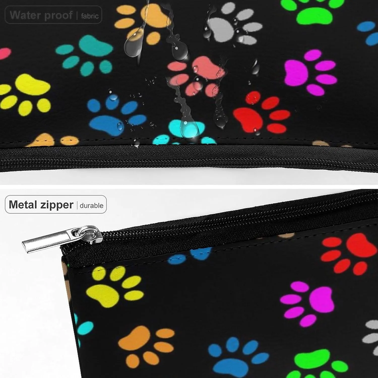 Small Makeup Bag Lightweight Personalized Cosmetic Bag Pouch Waterproof Zipper Travel Portable Storage Bag (Black Colorful Paw Prints Art)