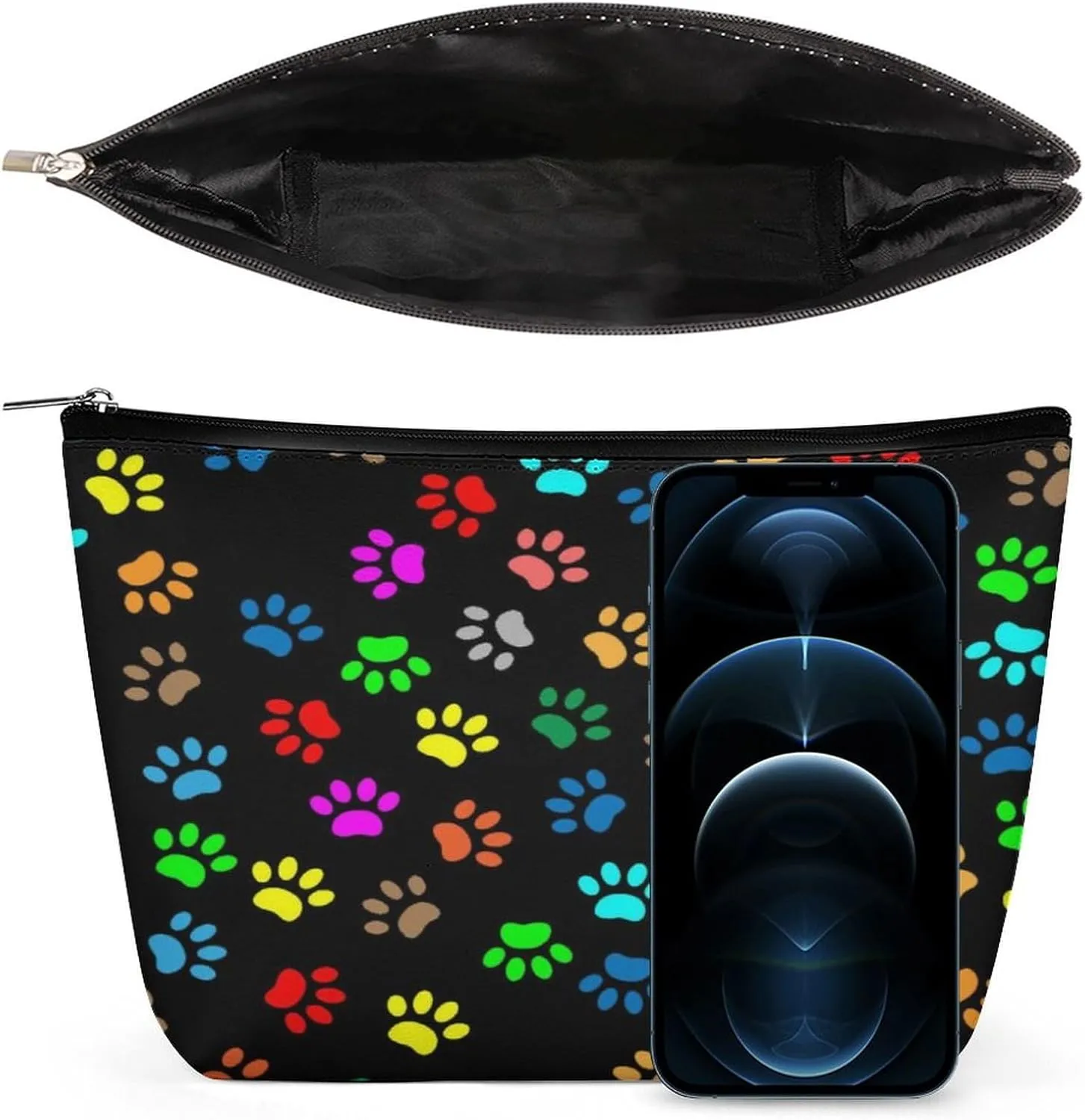 Small Makeup Bag Lightweight Personalized Cosmetic Bag Pouch Waterproof Zipper Travel Portable Storage Bag (Black Colorful Paw Prints Art)