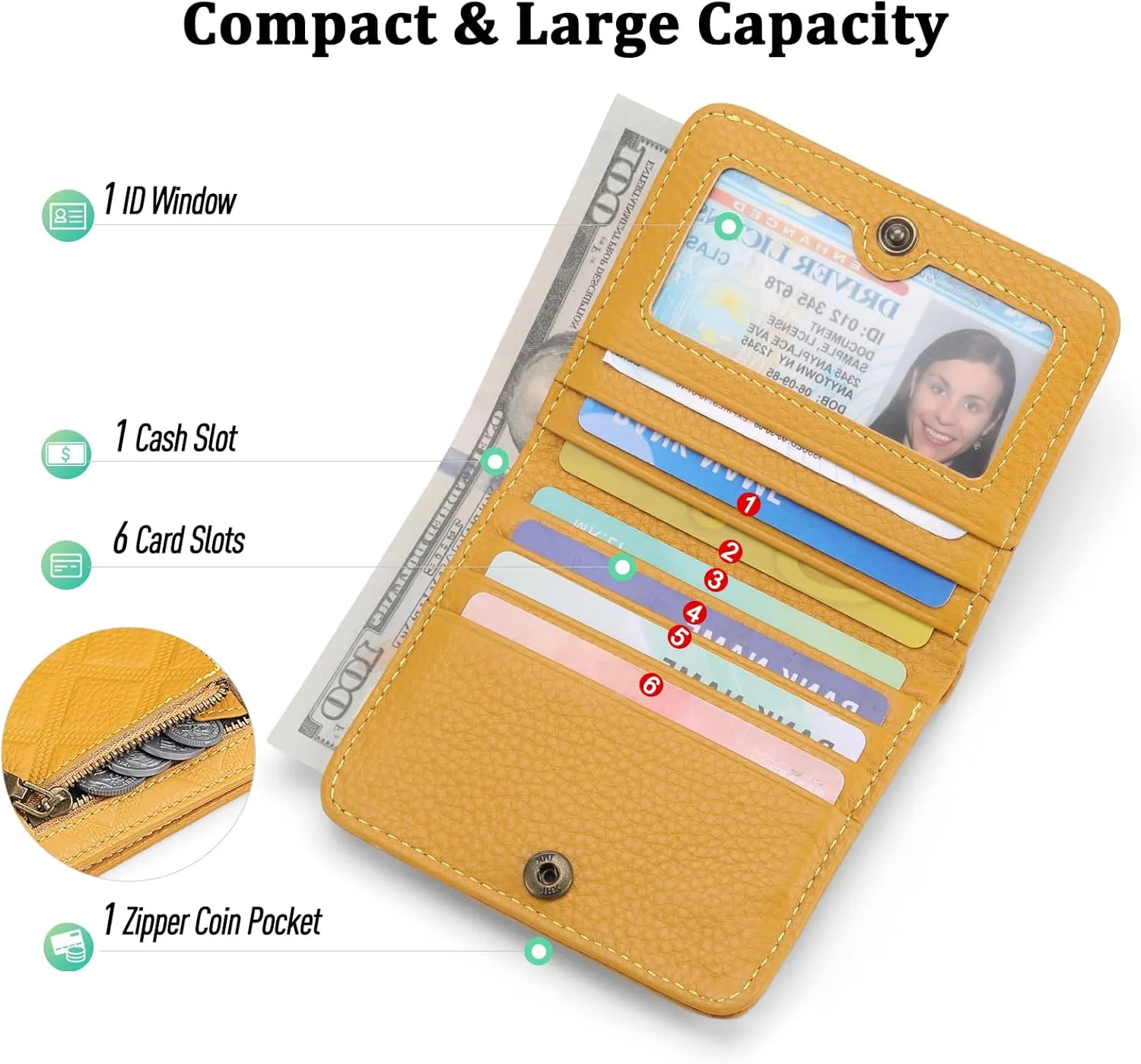 Small Wallet Women Compact RFID Blocking Credit Card Holder Bifold Genuine Leather Wallets with Zipper Coin Pocket