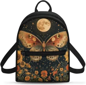 Small Waterproof Backpack for Women Butterfly and Moon Sunflower Print Anti-Theft Bag Lightweight Purse for Gym, Daily Commute