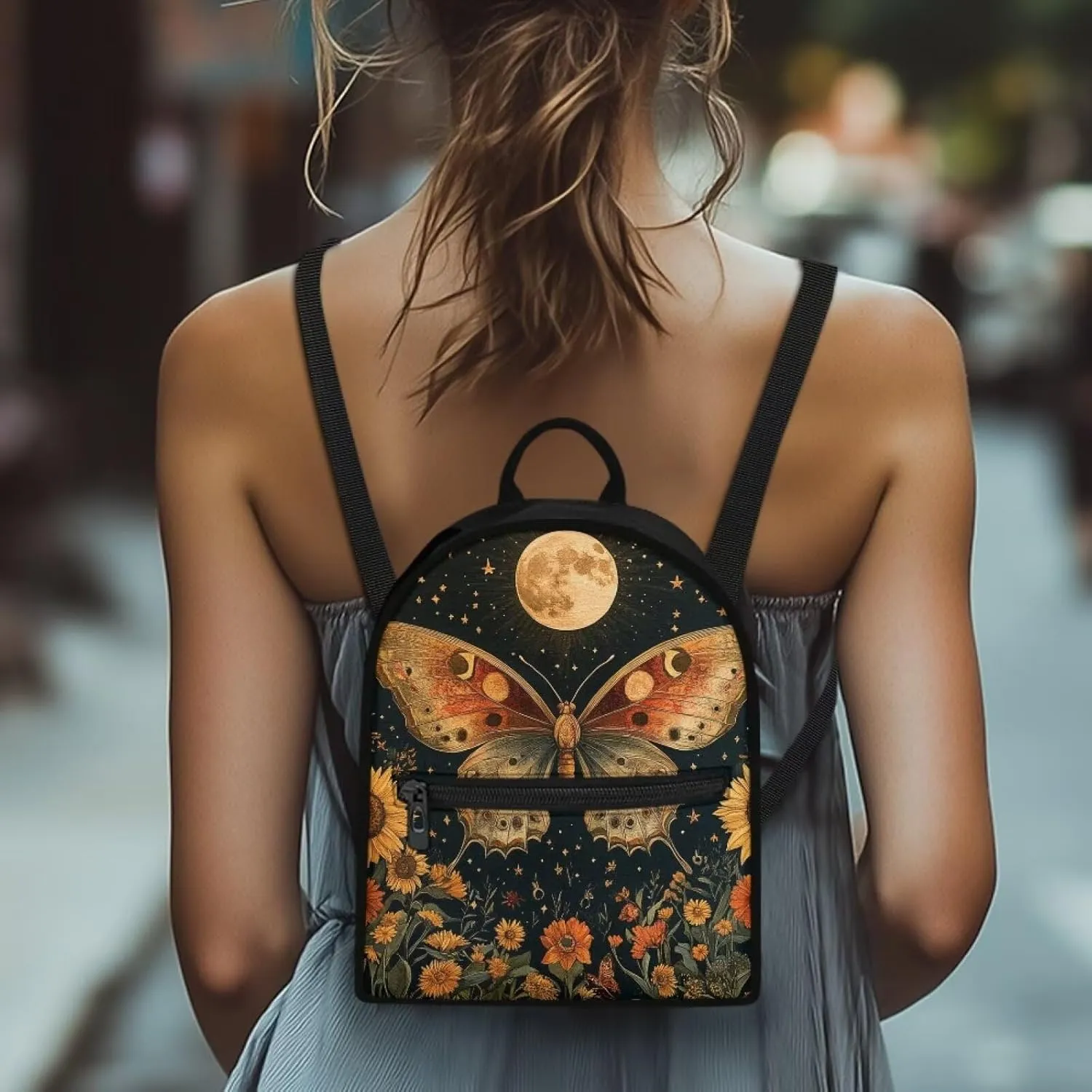 Small Waterproof Backpack for Women Butterfly and Moon Sunflower Print Anti-Theft Bag Lightweight Purse for Gym, Daily Commute