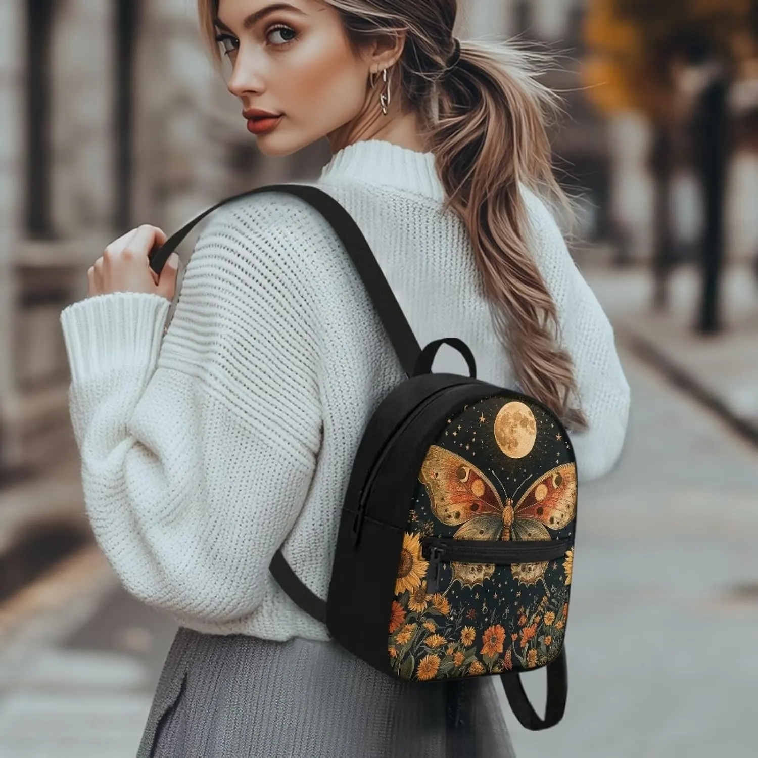 Small Waterproof Backpack for Women Butterfly and Moon Sunflower Print Anti-Theft Bag Lightweight Purse for Gym, Daily Commute