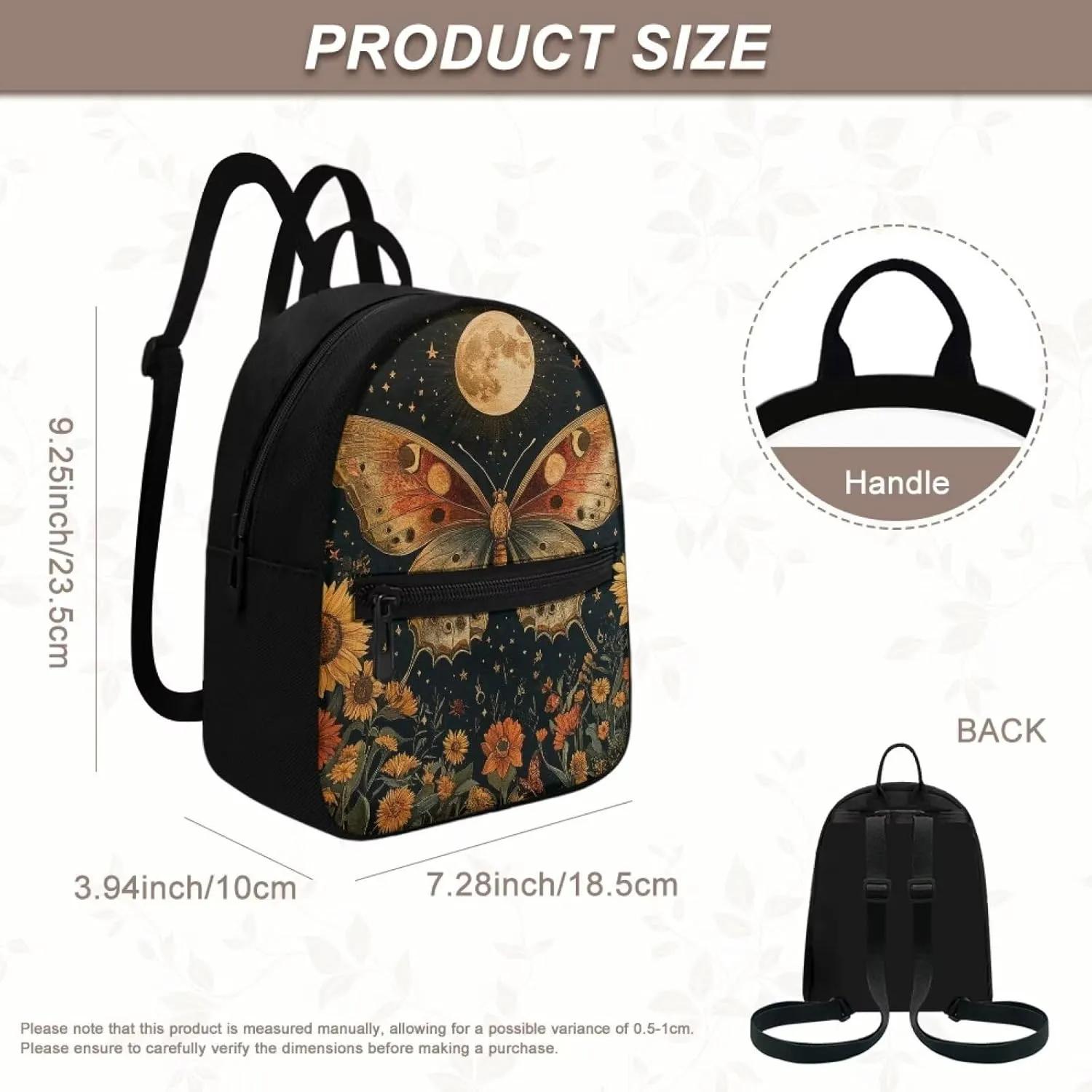 Small Waterproof Backpack for Women Butterfly and Moon Sunflower Print Anti-Theft Bag Lightweight Purse for Gym, Daily Commute