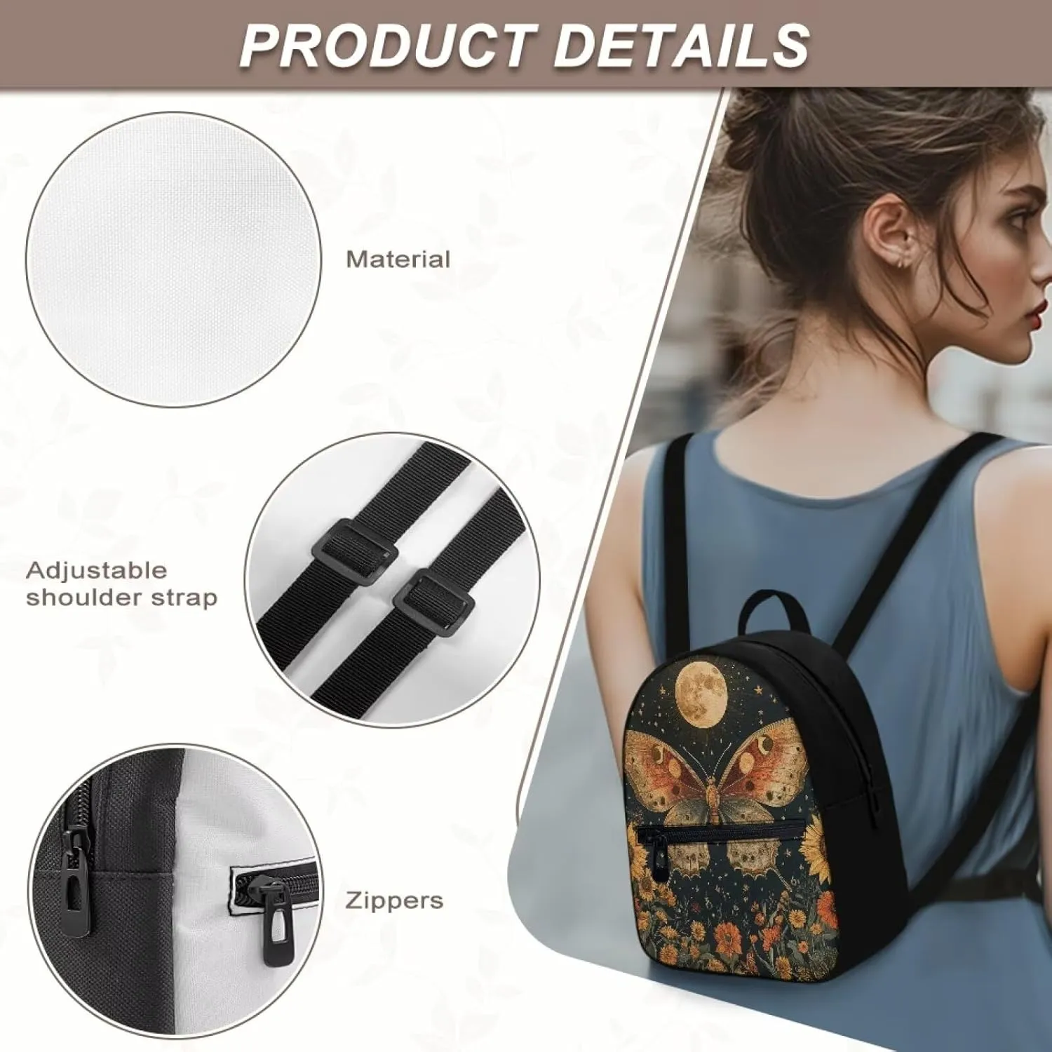 Small Waterproof Backpack for Women Butterfly and Moon Sunflower Print Anti-Theft Bag Lightweight Purse for Gym, Daily Commute