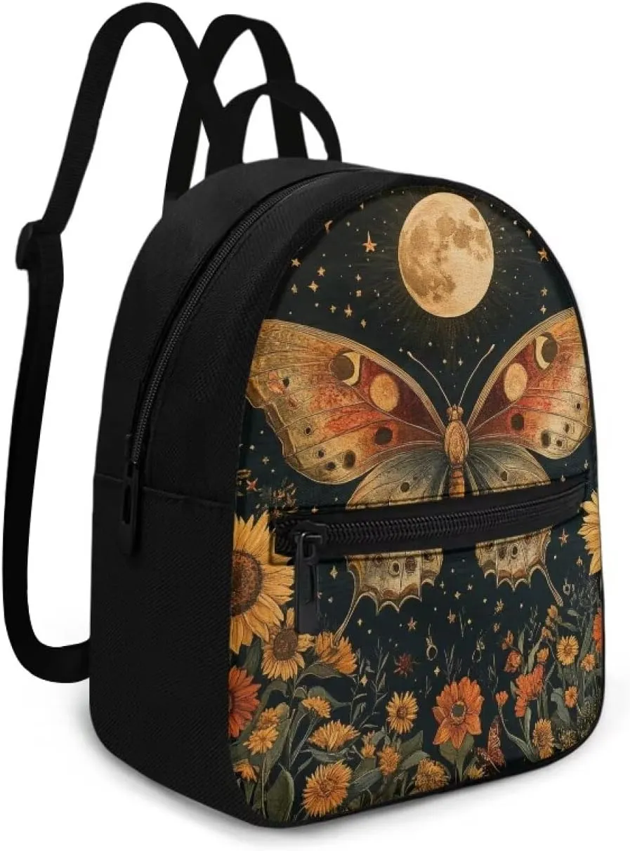 Small Waterproof Backpack for Women Butterfly and Moon Sunflower Print Anti-Theft Bag Lightweight Purse for Gym, Daily Commute