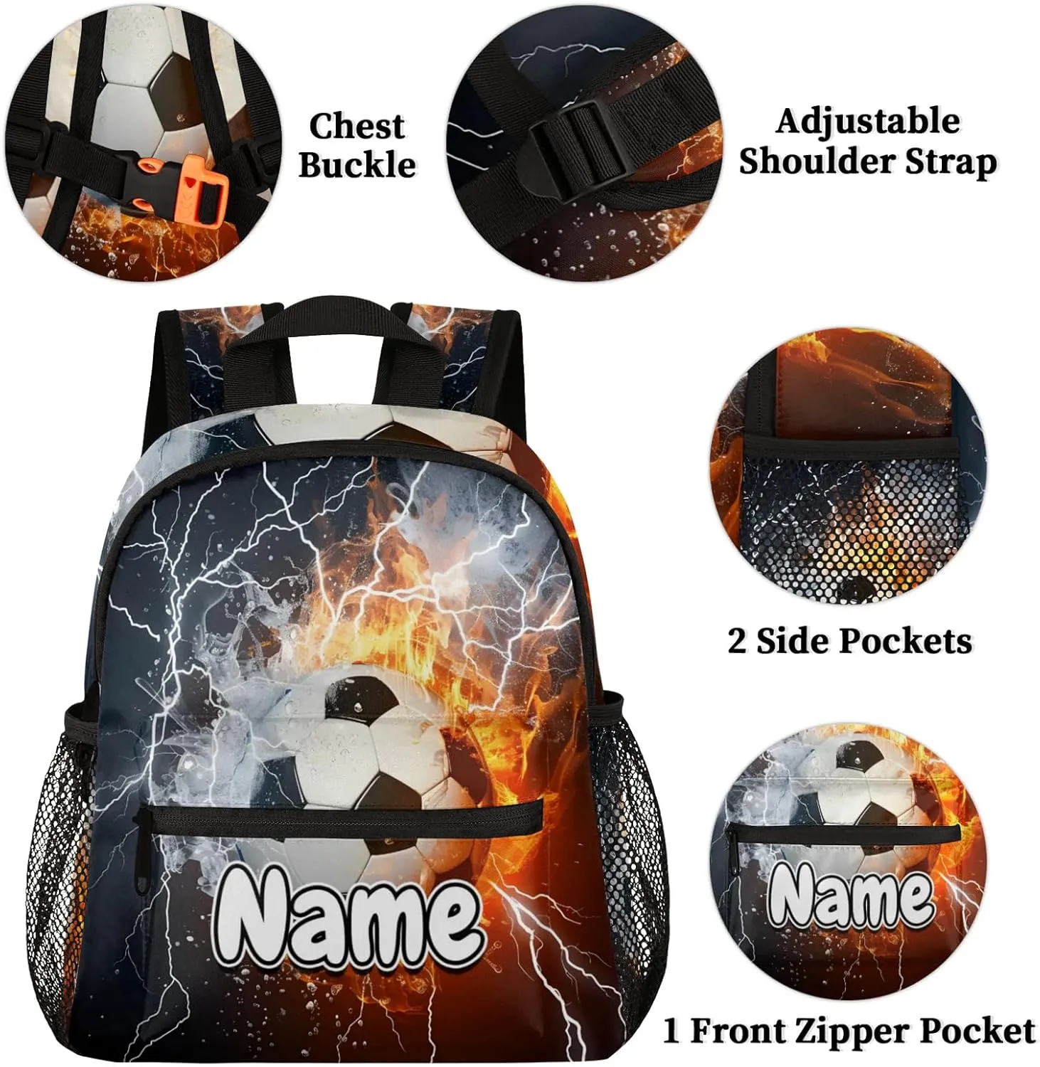 Soccer Ball Fire Water Personalized Backpack Bag with Name Lightweight Custom Shoulder Bags Waterproof Casual Backpacks Travel Laptop Bag for Work Picnic 12in