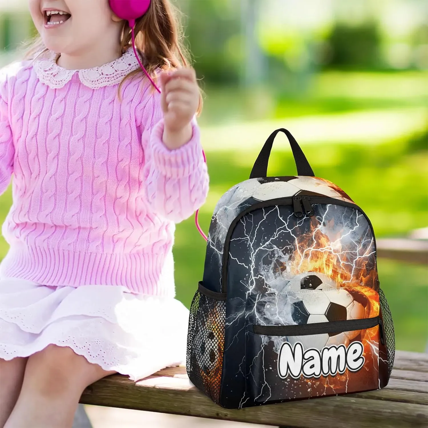 Soccer Ball Fire Water Personalized Backpack Bag with Name Lightweight Custom Shoulder Bags Waterproof Casual Backpacks Travel Laptop Bag for Work Picnic 12in