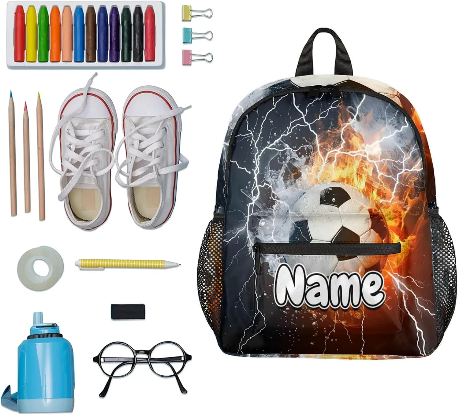 Soccer Ball Fire Water Personalized Backpack Bag with Name Lightweight Custom Shoulder Bags Waterproof Casual Backpacks Travel Laptop Bag for Work Picnic 12in