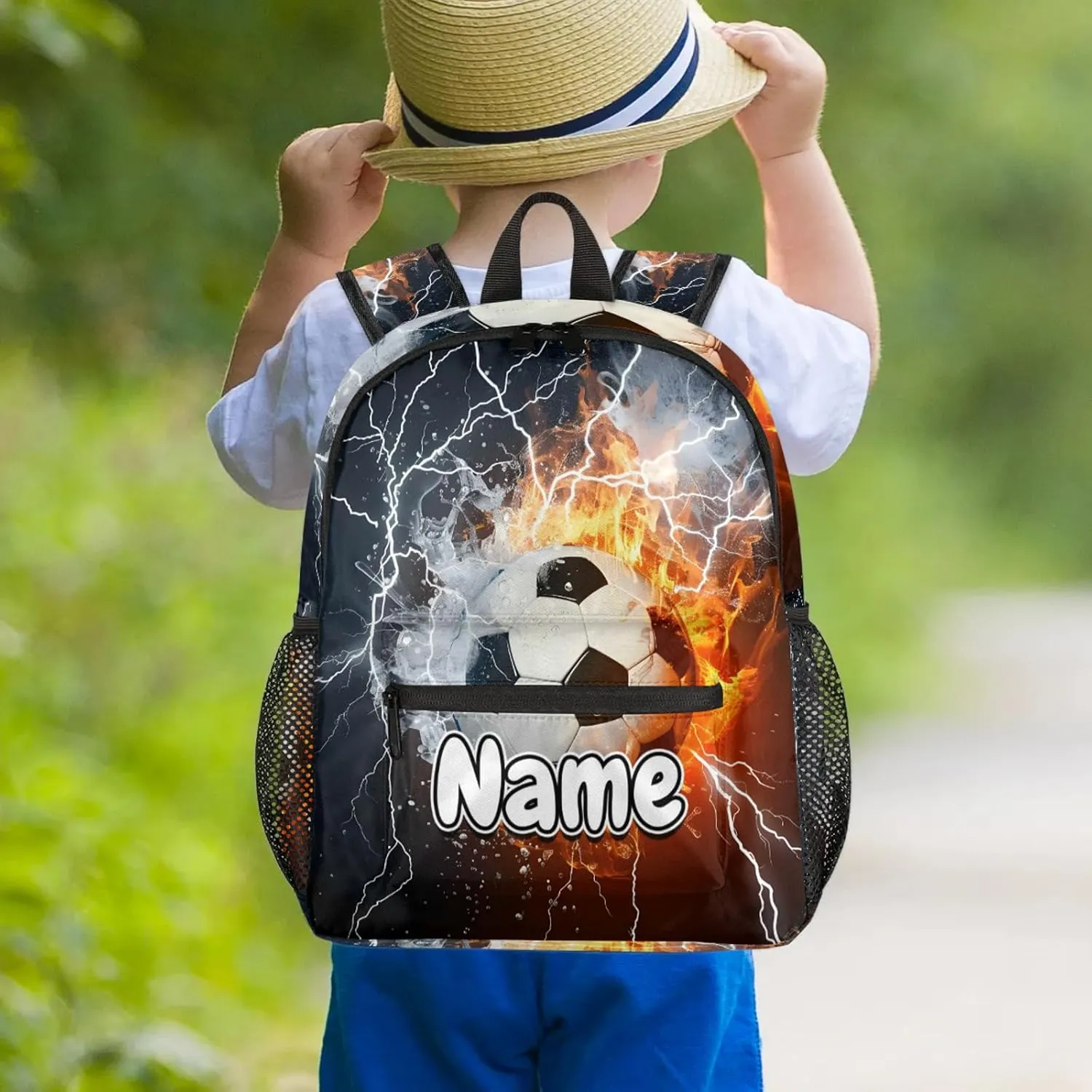 Soccer Ball Fire Water Personalized Backpack Bag with Name Lightweight Custom Shoulder Bags Waterproof Casual Backpacks Travel Laptop Bag for Work Picnic 12in