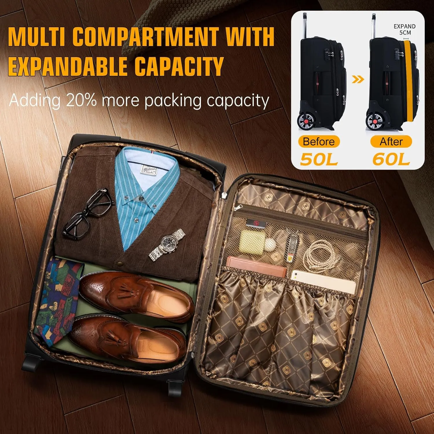 Softside Expandable Luggage with Large Spinner Wheels Checked-Luggage Suicase (Black, 25-Inch)