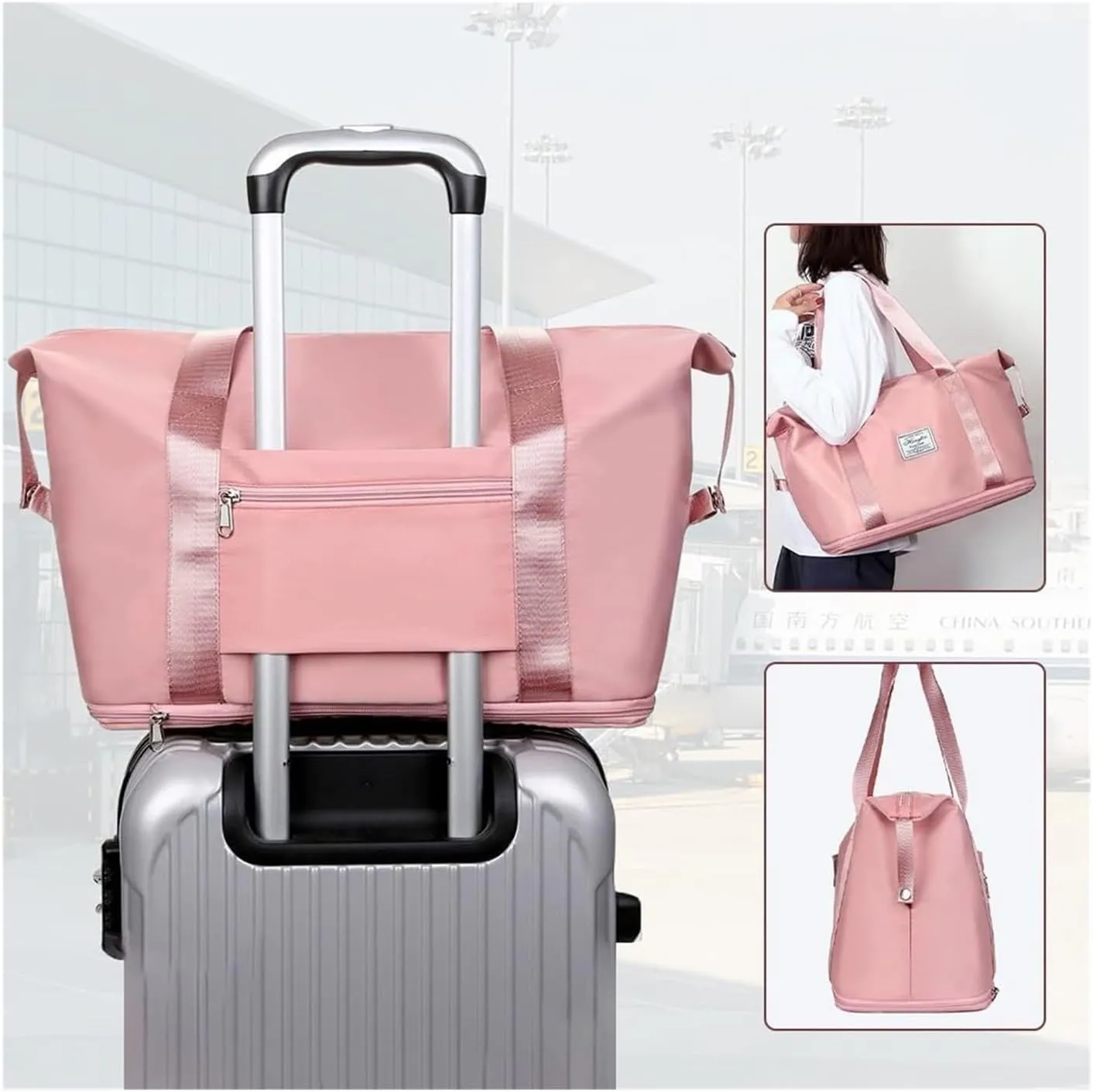 SOYON Large Capacity Travel Bag,Double Layer Wet Separation Travelling Bag,Collapsible Waterproof Large Capacity Travel Handbag For Outdoor(Cherry Blossom Pink)