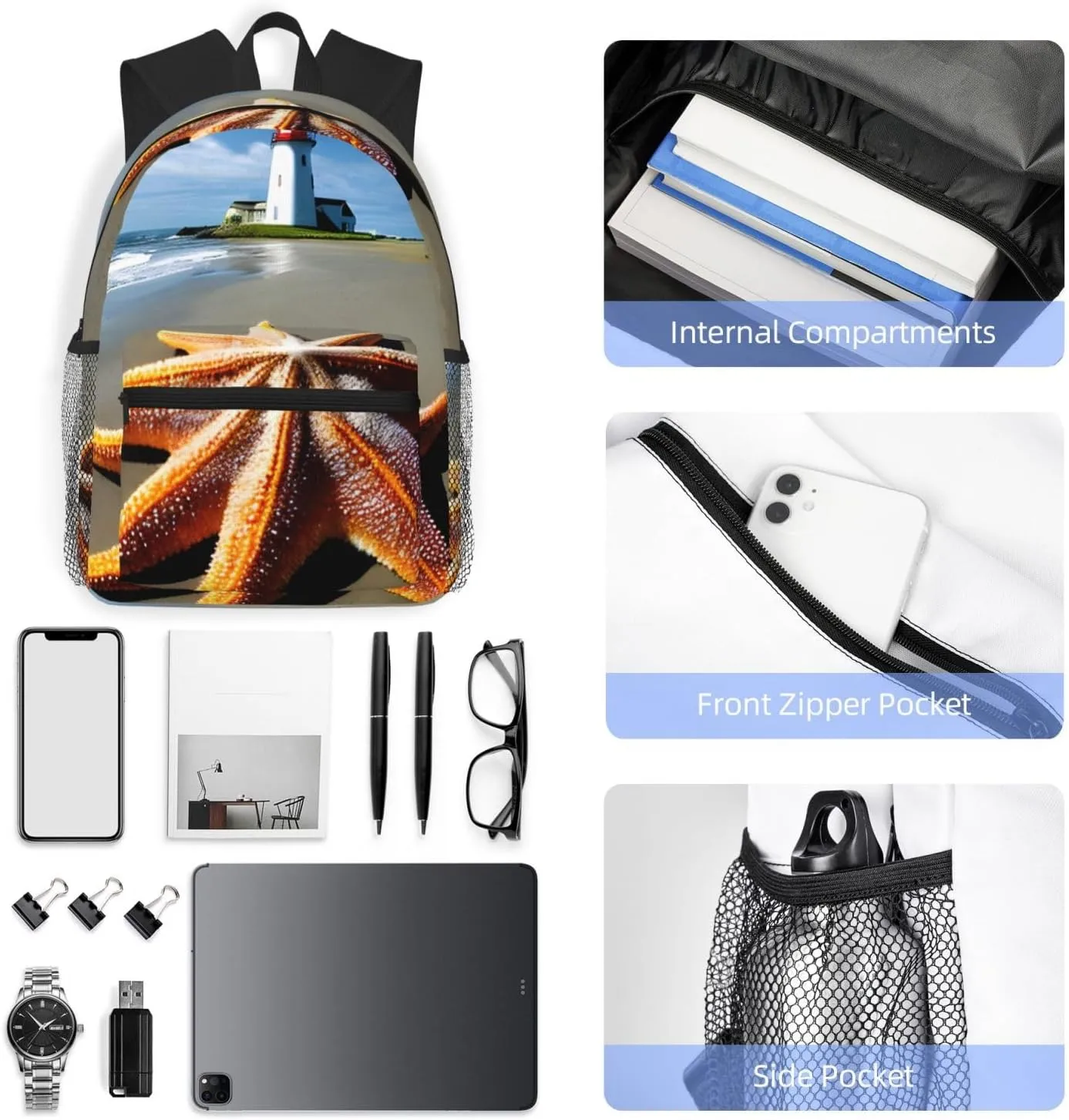 Starfish Lighthouse Beach Backpack Cute Print Bookbag Women Travel Casual Water-resistant Backpack Travel Bag bags