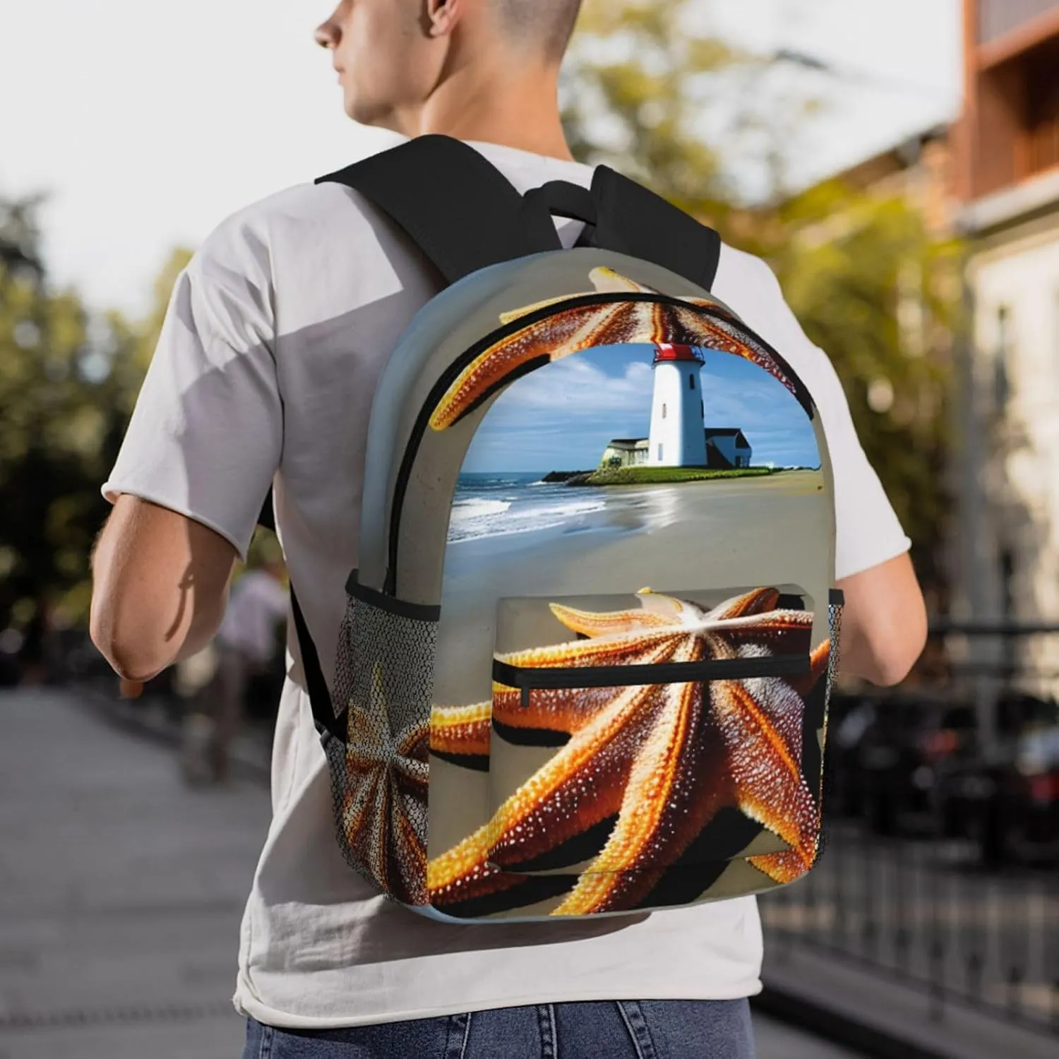Starfish Lighthouse Beach Backpack Cute Print Bookbag Women Travel Casual Water-resistant Backpack Travel Bag bags
