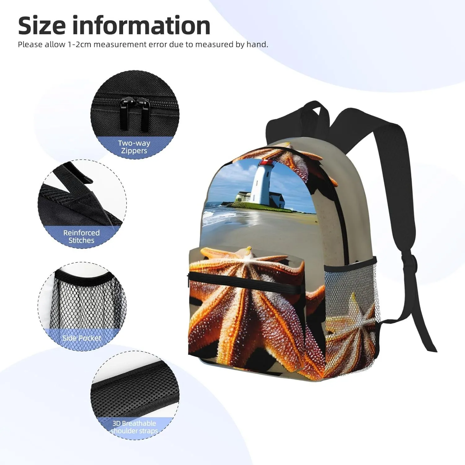 Starfish Lighthouse Beach Backpack Cute Print Bookbag Women Travel Casual Water-resistant Backpack Travel Bag bags