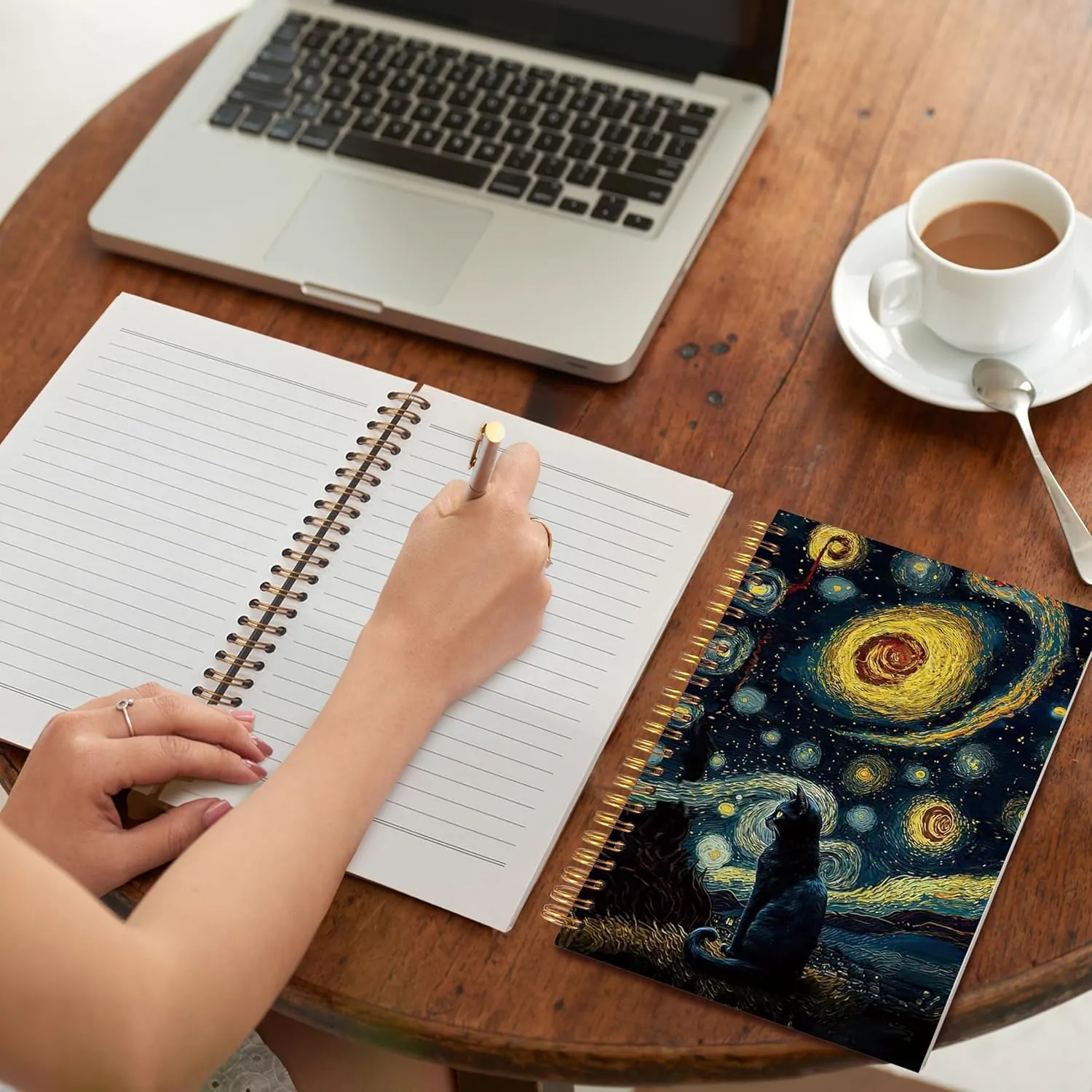 Starry Night Black Cat Notebook Journal, Black Cat Lovers Gifts for Women Journal for Note Taking, Hardcover Spiral Notebook 5.5x8.3 Inch