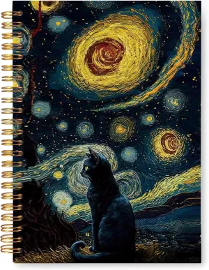 Starry Night Black Cat Notebook Journal, Black Cat Lovers Gifts for Women Journal for Note Taking, Hardcover Spiral Notebook 5.5x8.3 Inch