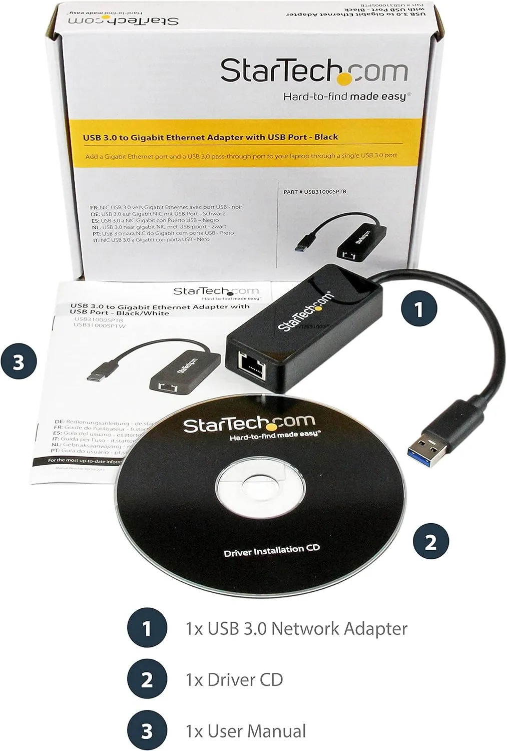 StarTech.com USB 3.0 Ethernet Adapter - USB 3.0 Network Adapter NIC with USB Port - USB to RJ45 - USB Passthrough (USB31000SPTB), Black, 0.7" x 1.4" x 5" x 5"