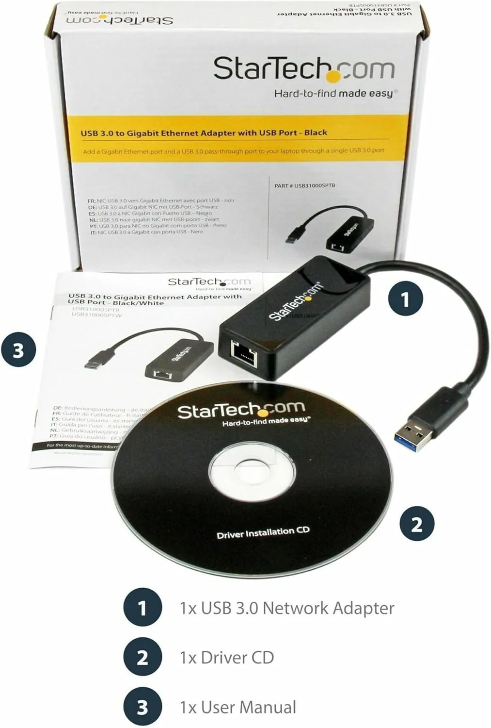 StarTech.com USB 3.0 Ethernet Adapter - USB 3.0 Network Adapter NIC with USB Port - USB to RJ45 - USB Passthrough (USB31000SPTB), Black, 0.7" x 1.4" x 5" x 5"