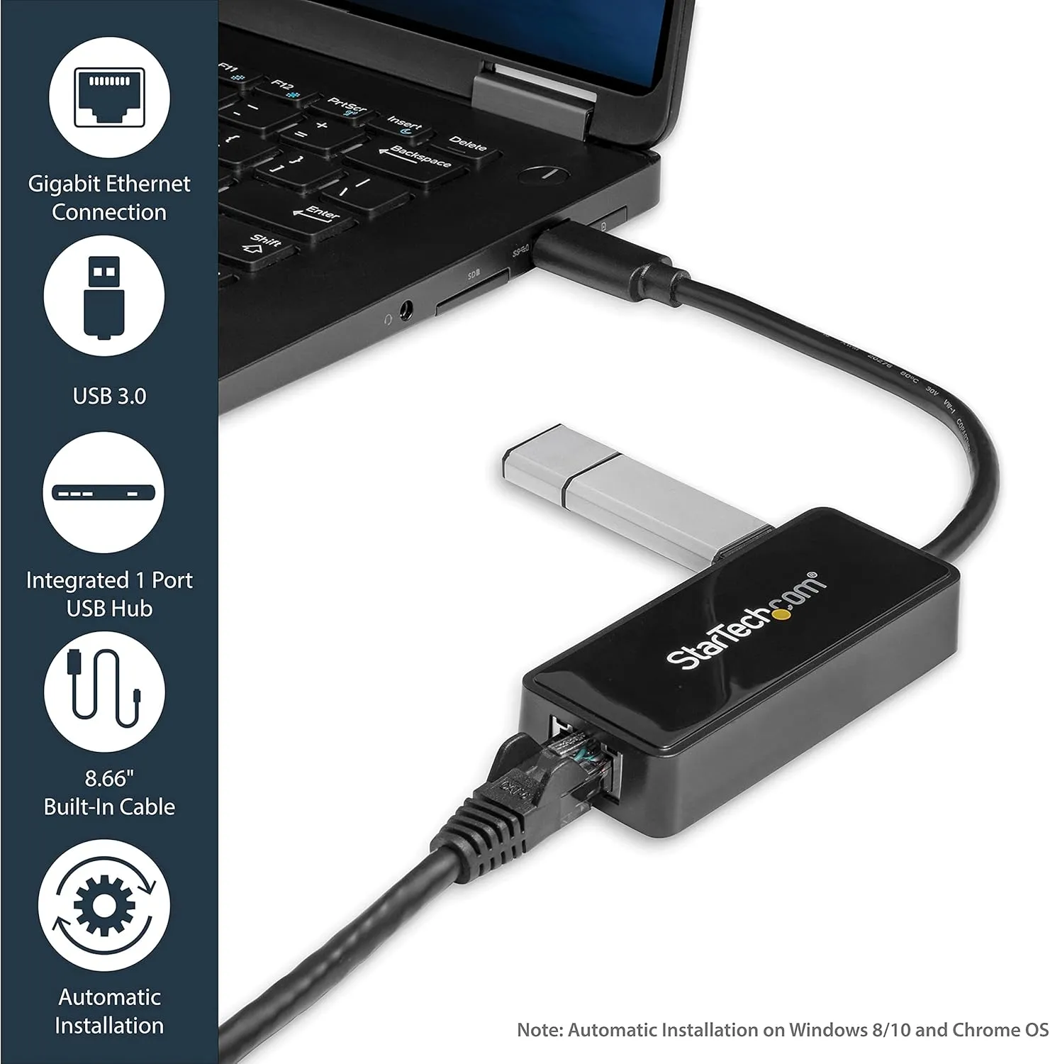 StarTech.com USB 3.0 Ethernet Adapter - USB 3.0 Network Adapter NIC with USB Port - USB to RJ45 - USB Passthrough (USB31000SPTB), Black, 0.7" x 1.4" x 5" x 5"