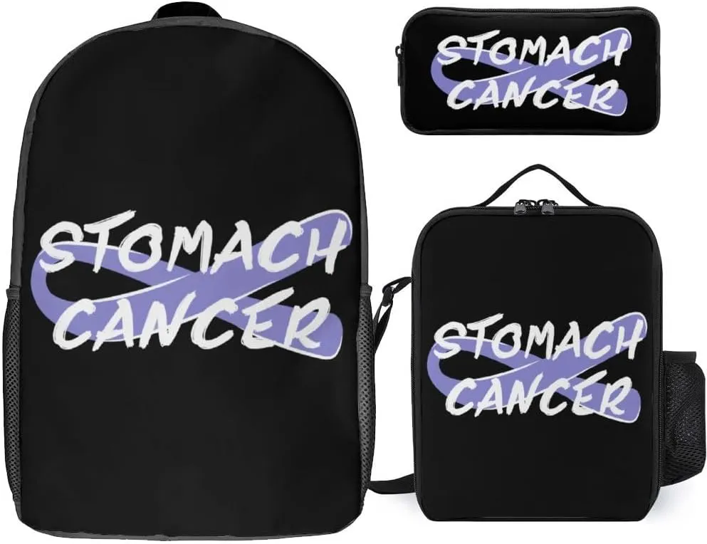 Stomach Cancer Awareness Periwinkle Ribbon 3 Piece Backpack Sets With Lunch Bag Pencil Case Combination Hiking Travel Work