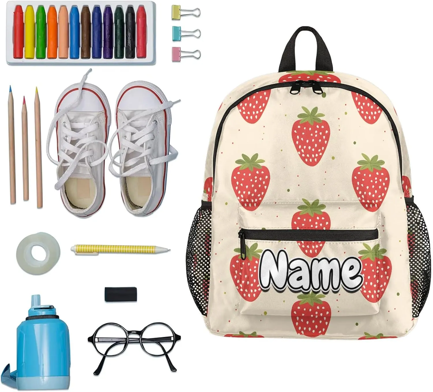 Strawberry Fruits Personalized Backpack Bag with Name Lightweight Custom Shoulder Bags Waterproof Casual Backpacks Travel Laptop Bag for Work Picnic 12in