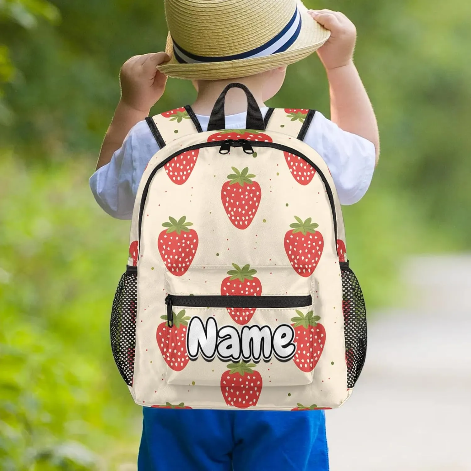 Strawberry Fruits Personalized Backpack Bag with Name Lightweight Custom Shoulder Bags Waterproof Casual Backpacks Travel Laptop Bag for Work Picnic 12in