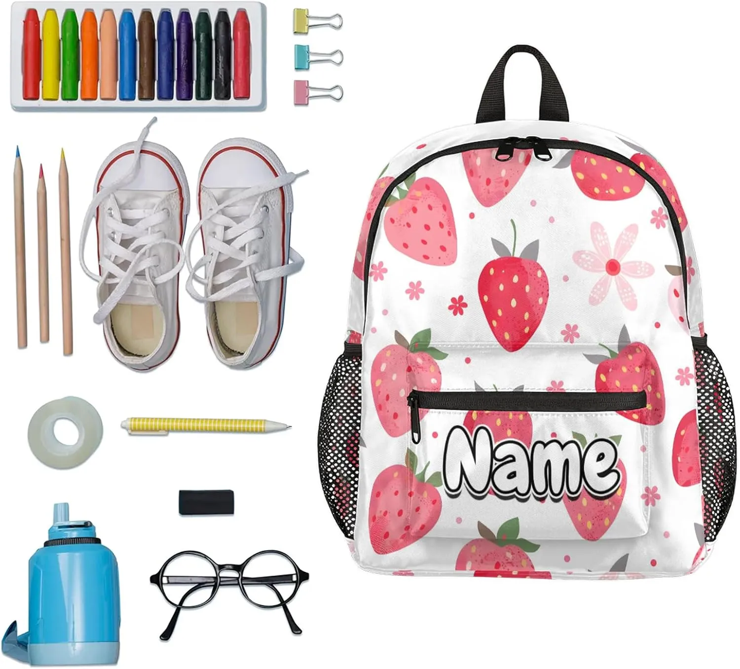 Strawberry Theme Personalized Backpack Bag with Name Lightweight Custom Shoulder Bags Waterproof Casual Backpacks Travel Laptop Bag for Work Picnic 12in