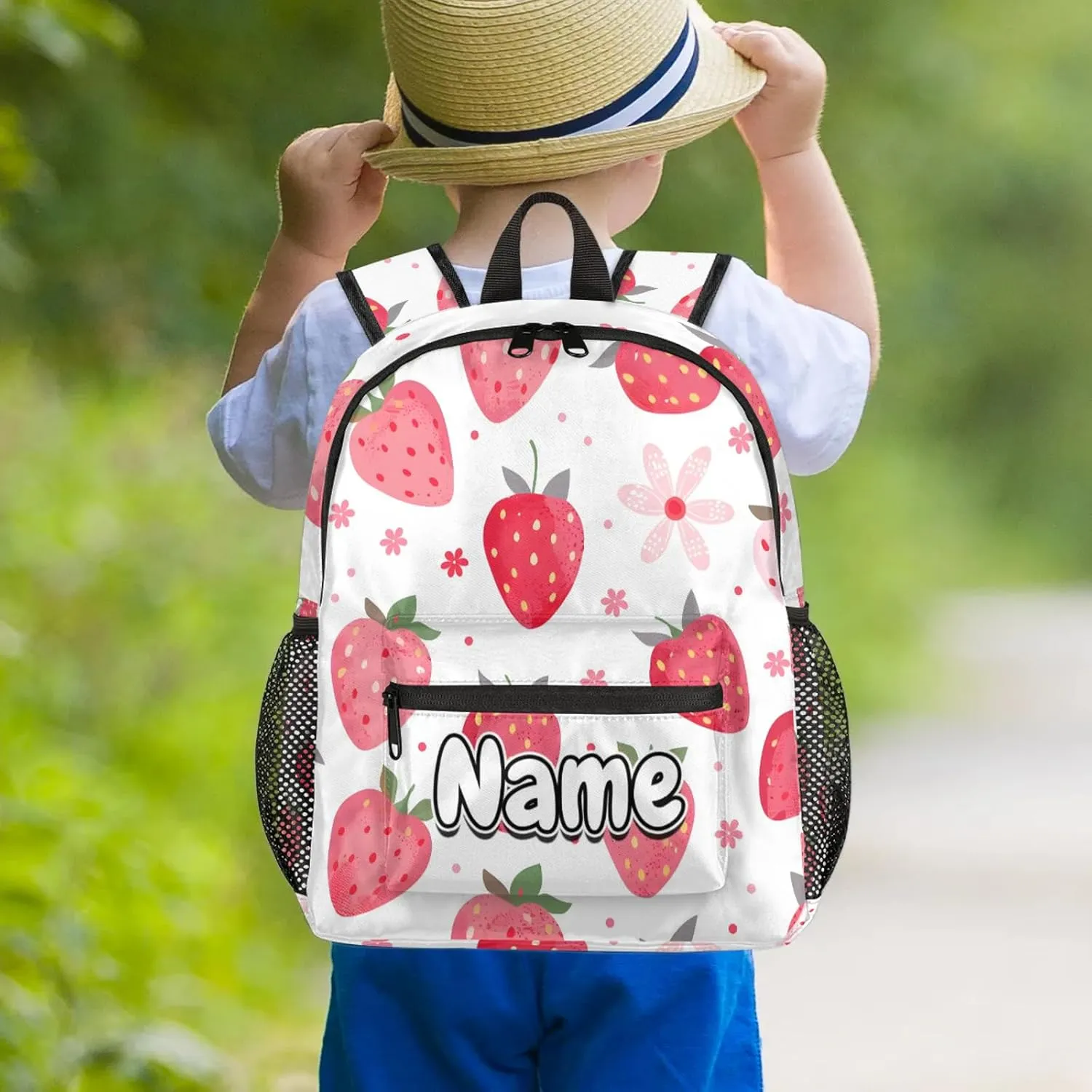 Strawberry Theme Personalized Backpack Bag with Name Lightweight Custom Shoulder Bags Waterproof Casual Backpacks Travel Laptop Bag for Work Picnic 12in
