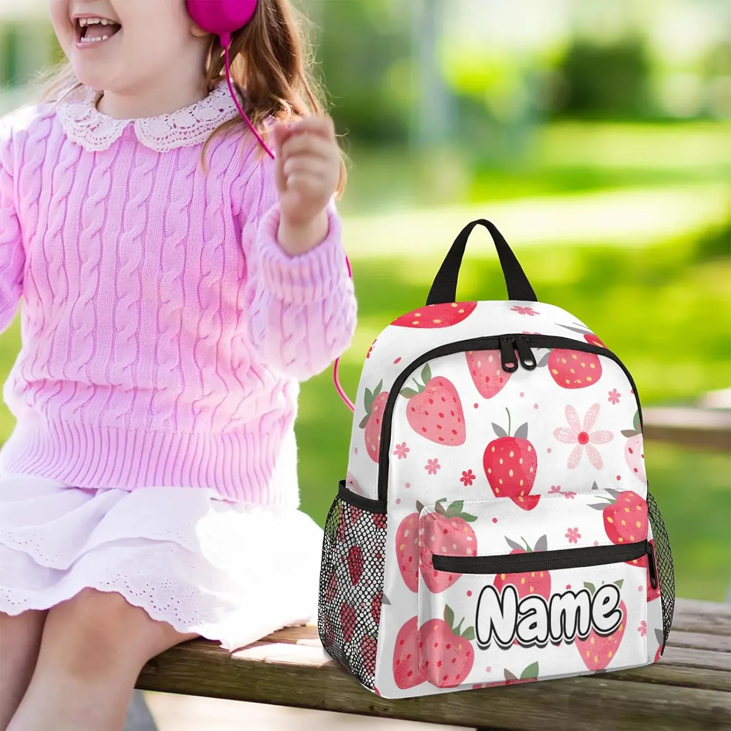 Strawberry Theme Personalized Backpack Bag with Name Lightweight Custom Shoulder Bags Waterproof Casual Backpacks Travel Laptop Bag for Work Picnic 12in