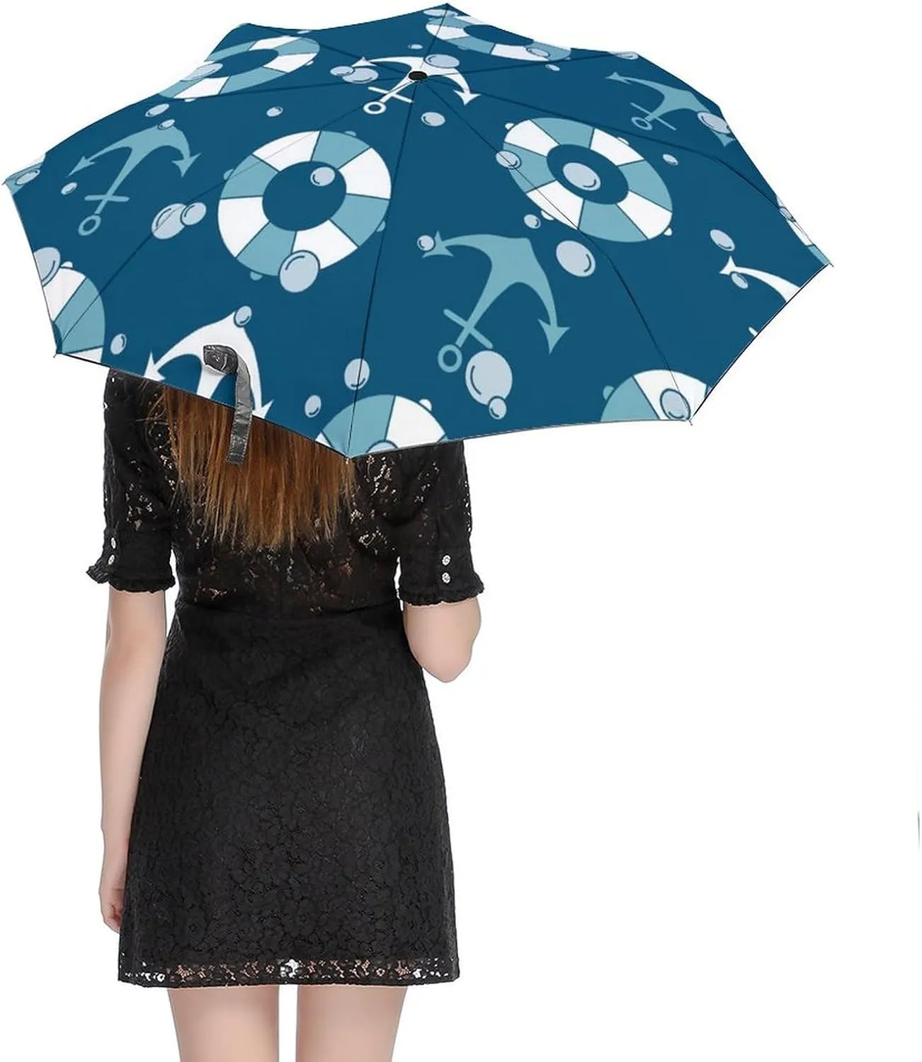 Summer Anchors Lifebuoys Compact Travel Umbrella, Windproof Waterproof Stick Umbrella Protection Umbrellas
