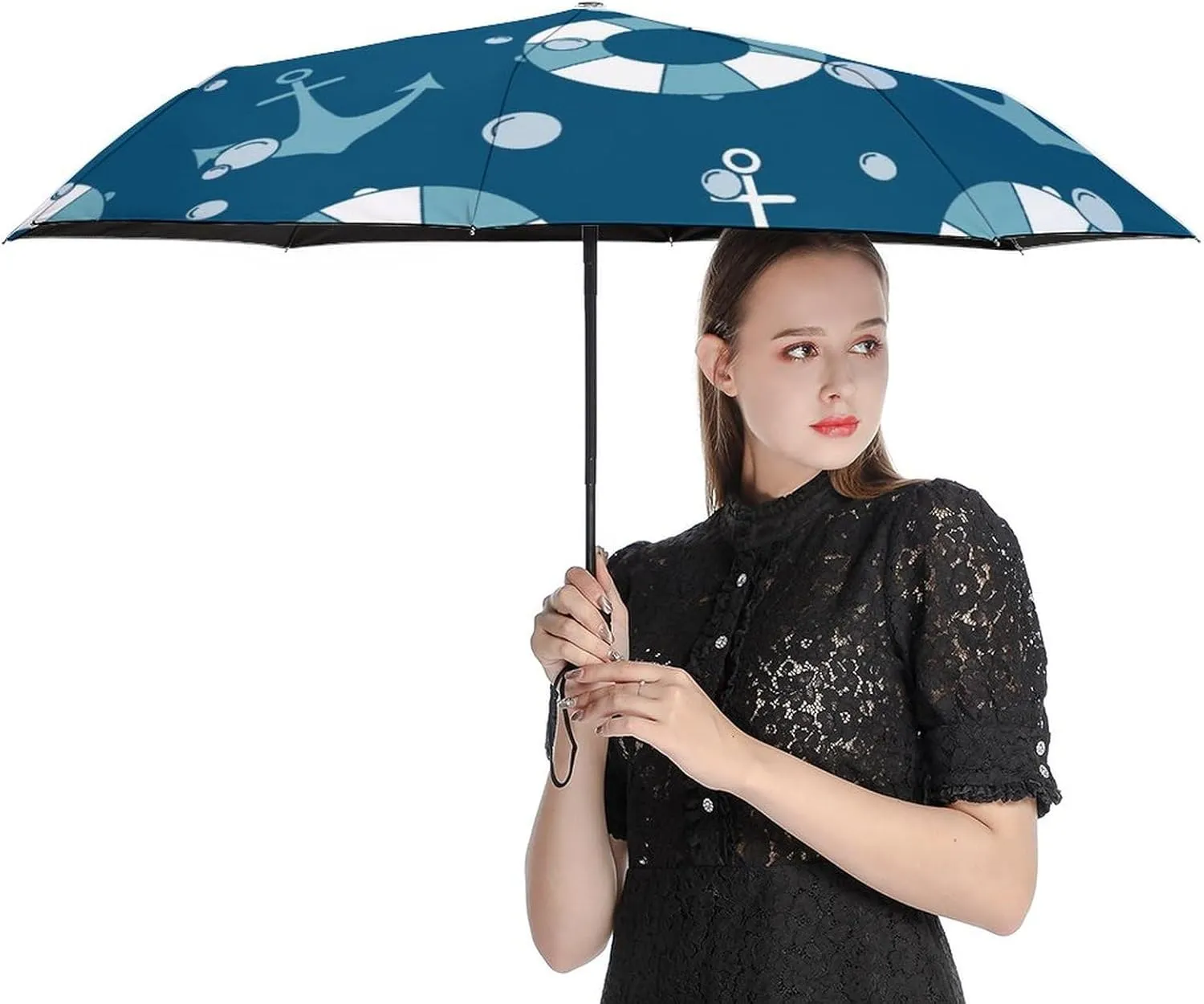 Summer Anchors Lifebuoys Compact Travel Umbrella, Windproof Waterproof Stick Umbrella Protection Umbrellas
