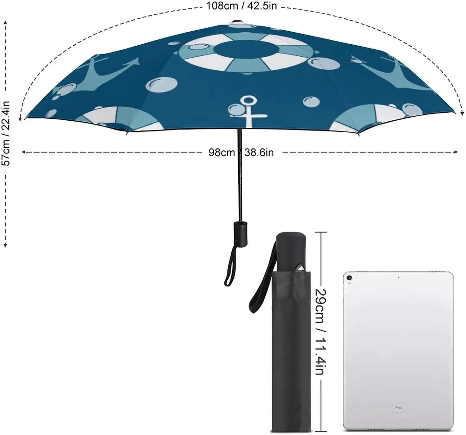 Summer Anchors Lifebuoys Compact Travel Umbrella, Windproof Waterproof Stick Umbrella Protection Umbrellas