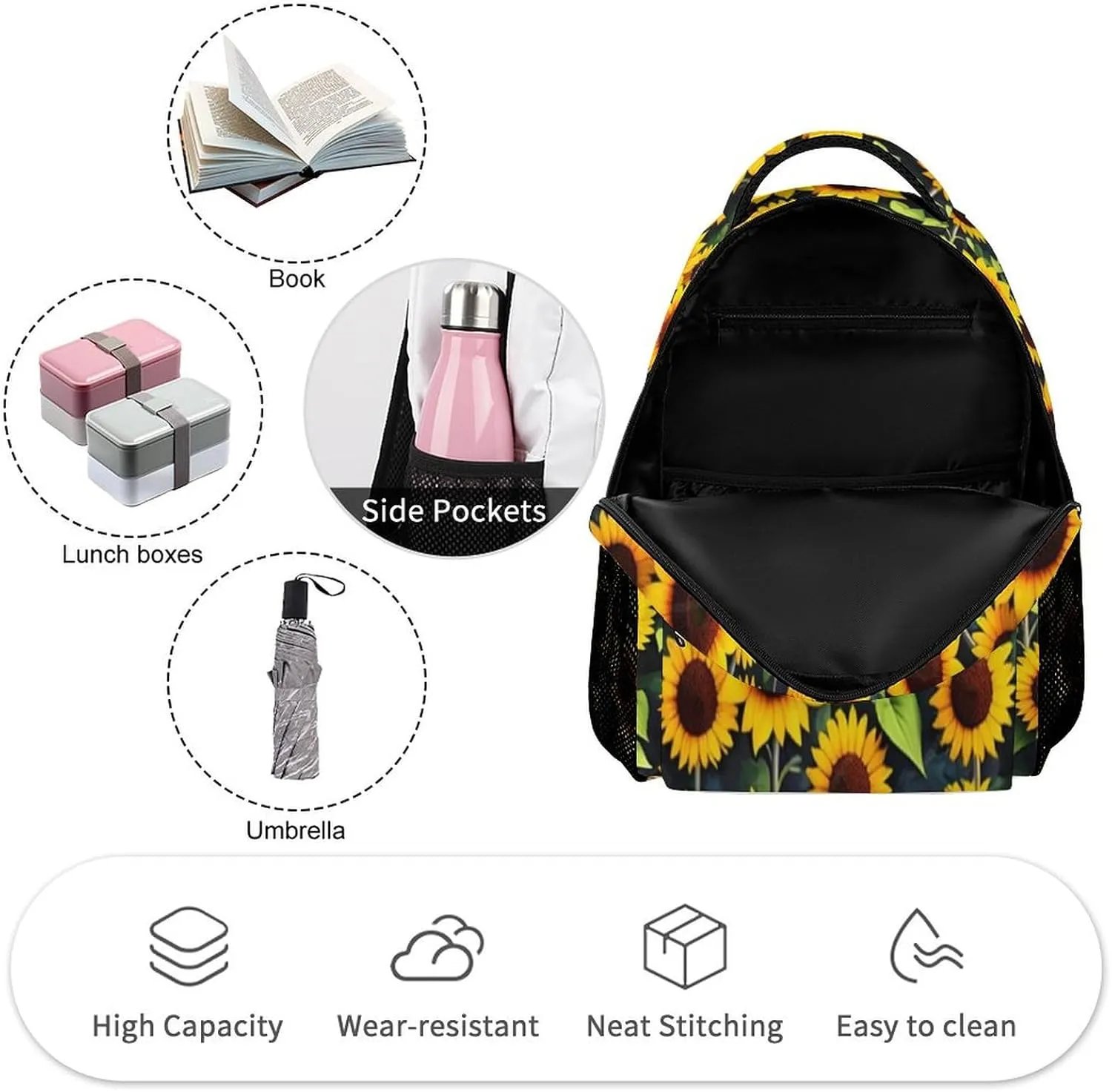Sunflower Backpack for Kids Girls Boys School, 16 Inches Cute Sunflowers Theme Bookbag, Adjustable, Lightweight, Large Capacity, Colorful Daily Casual Backpacks